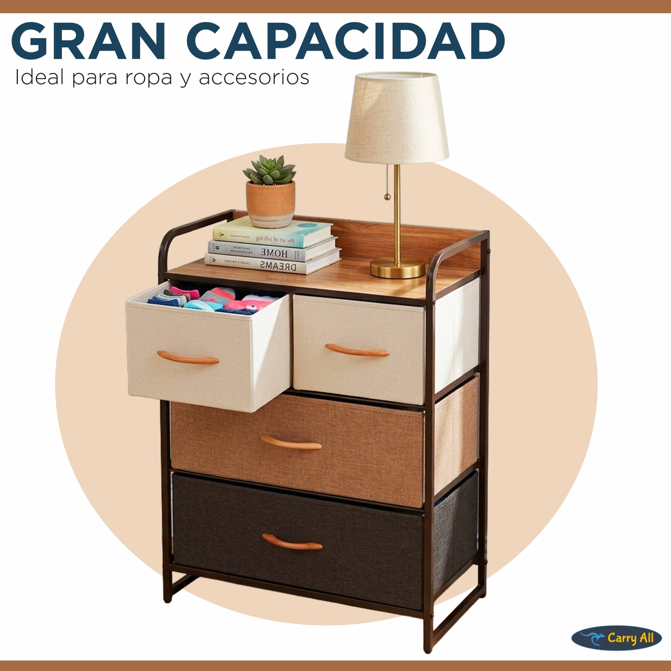 Cajonera Organizador Comoda 4 Cajones Metal Madera Tela-3