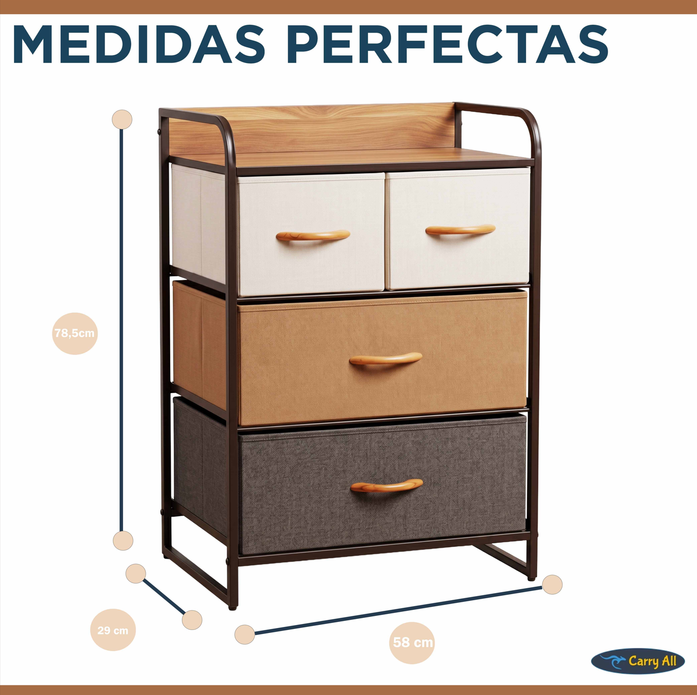 Cajonera Organizador Comoda 4 Cajones Metal Madera Tela-4
