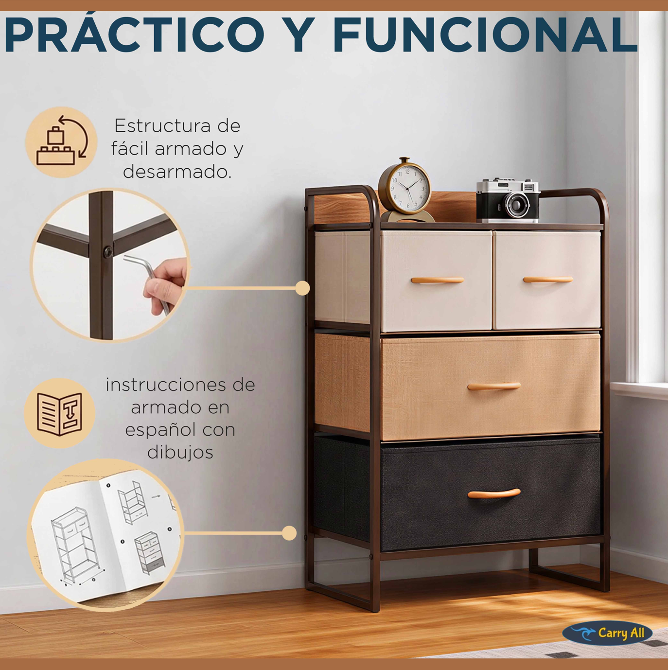 Cajonera Organizador Comoda 4 Cajones Metal Madera Tela-5