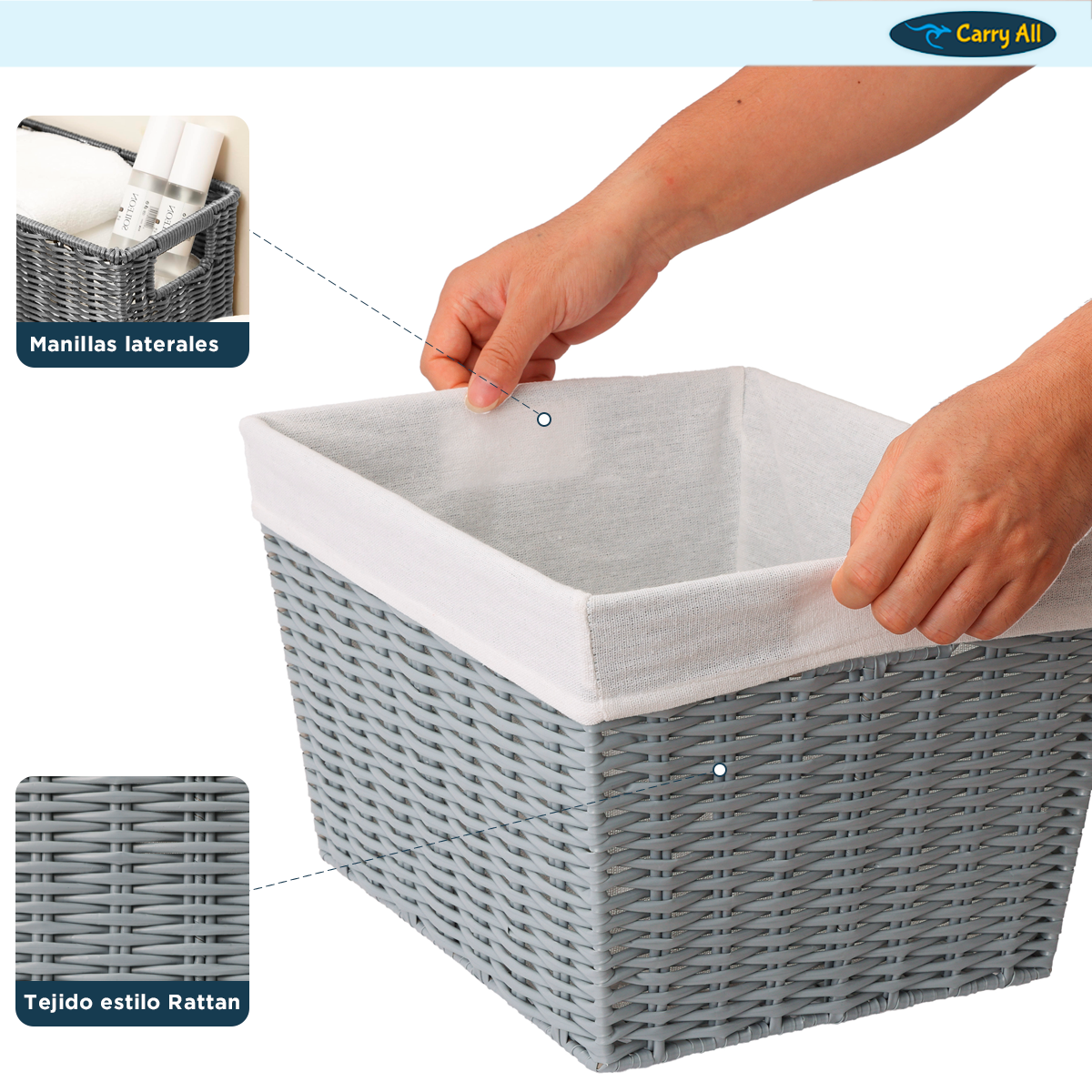 Canasto Cesta Organizadora Carry All  Estilo Ratán Gris M-2