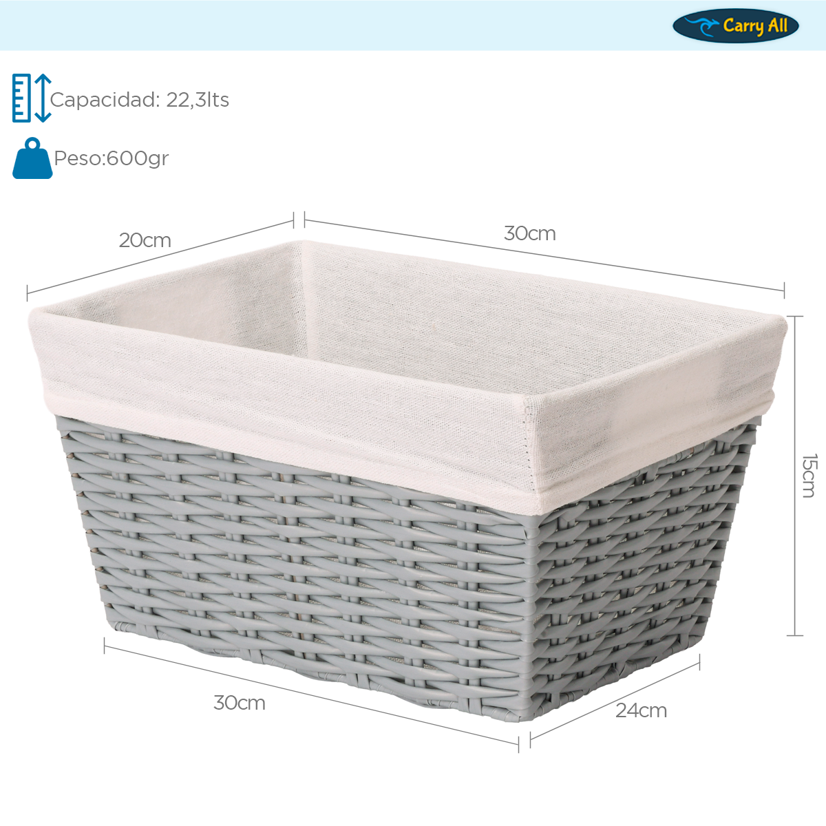 Canasto Cesta Organizadora Carry All  Estilo Ratán Gris M-4