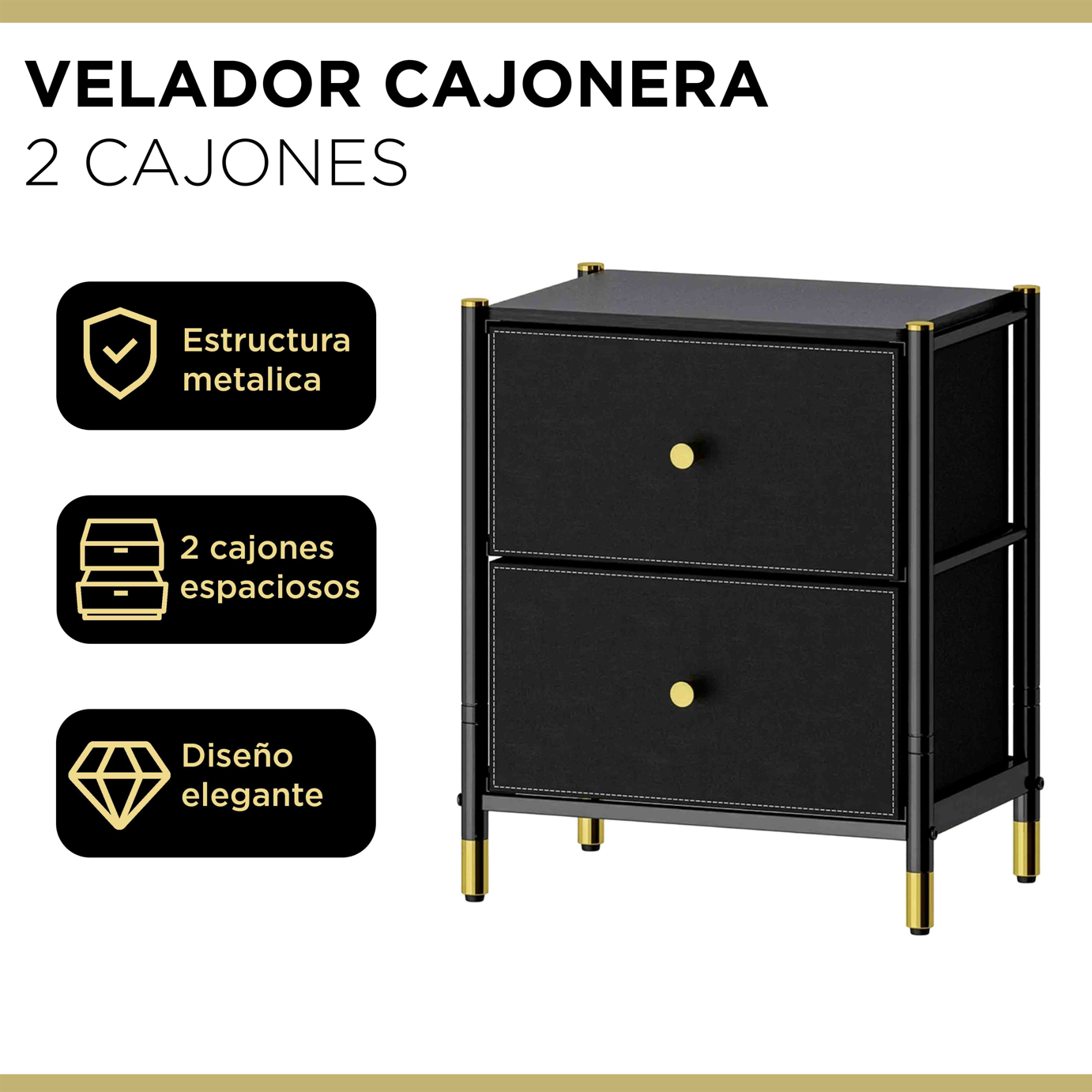 Velador Cajonera 2 Cajones Metal Madera Eco Cuero-1