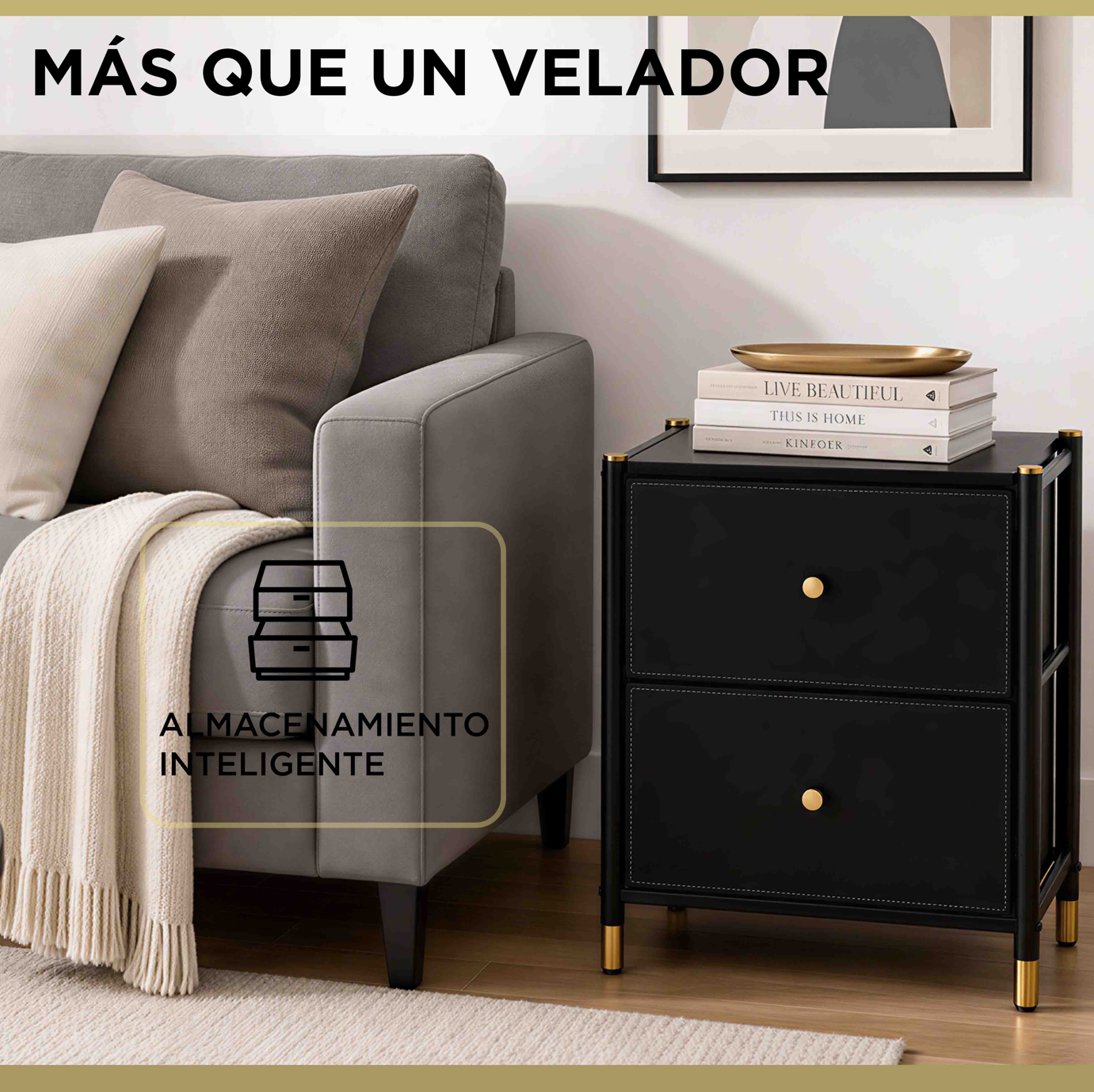 Velador Cajonera 2 Cajones Metal Madera Eco Cuero-2