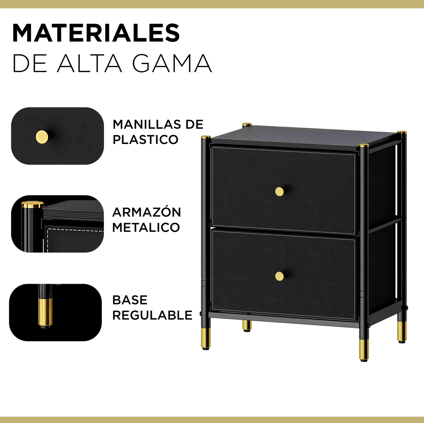 Velador Cajonera 2 Cajones Metal Madera Eco Cuero-3