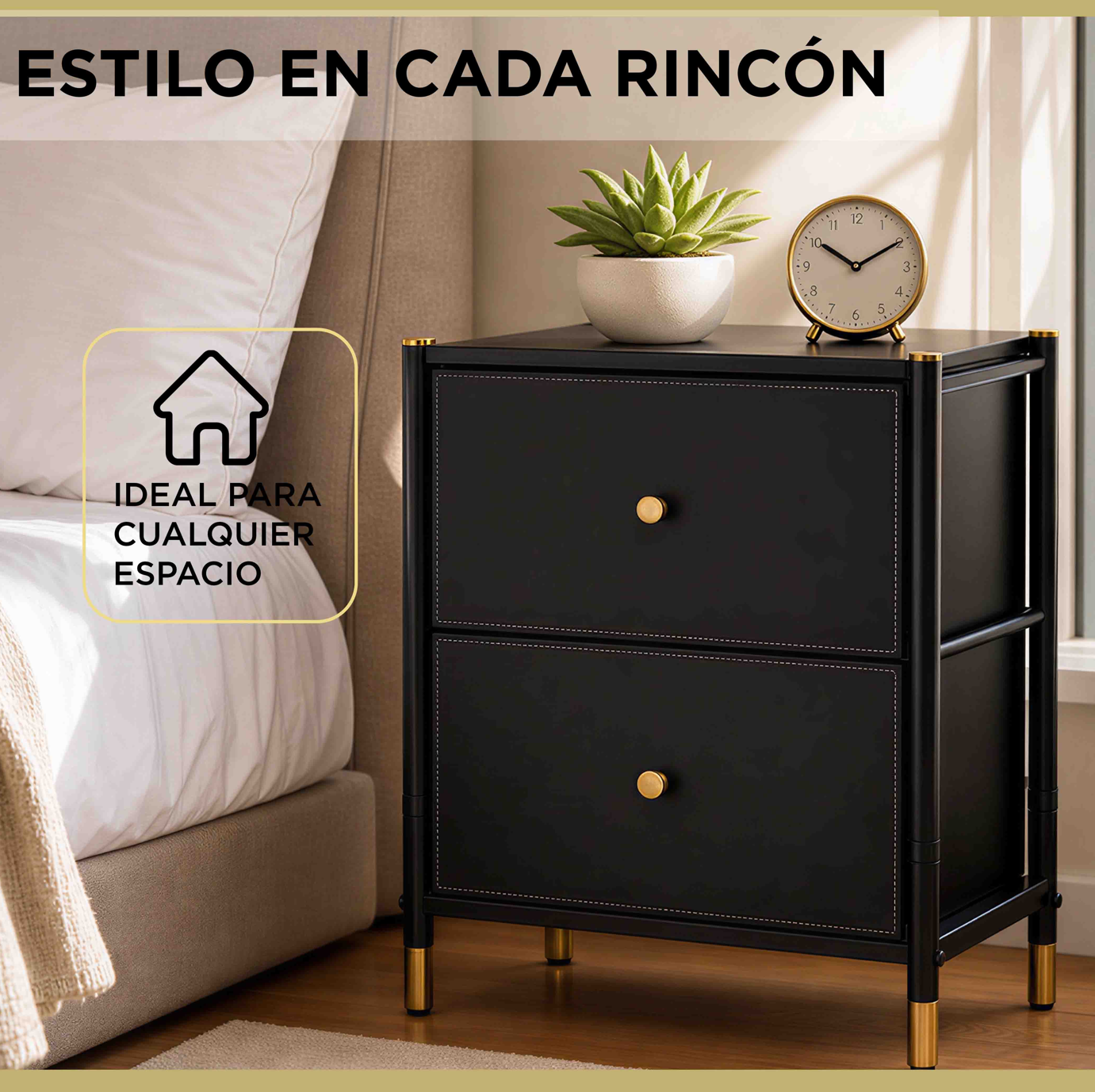 Velador Cajonera 2 Cajones Metal Madera Eco Cuero-6