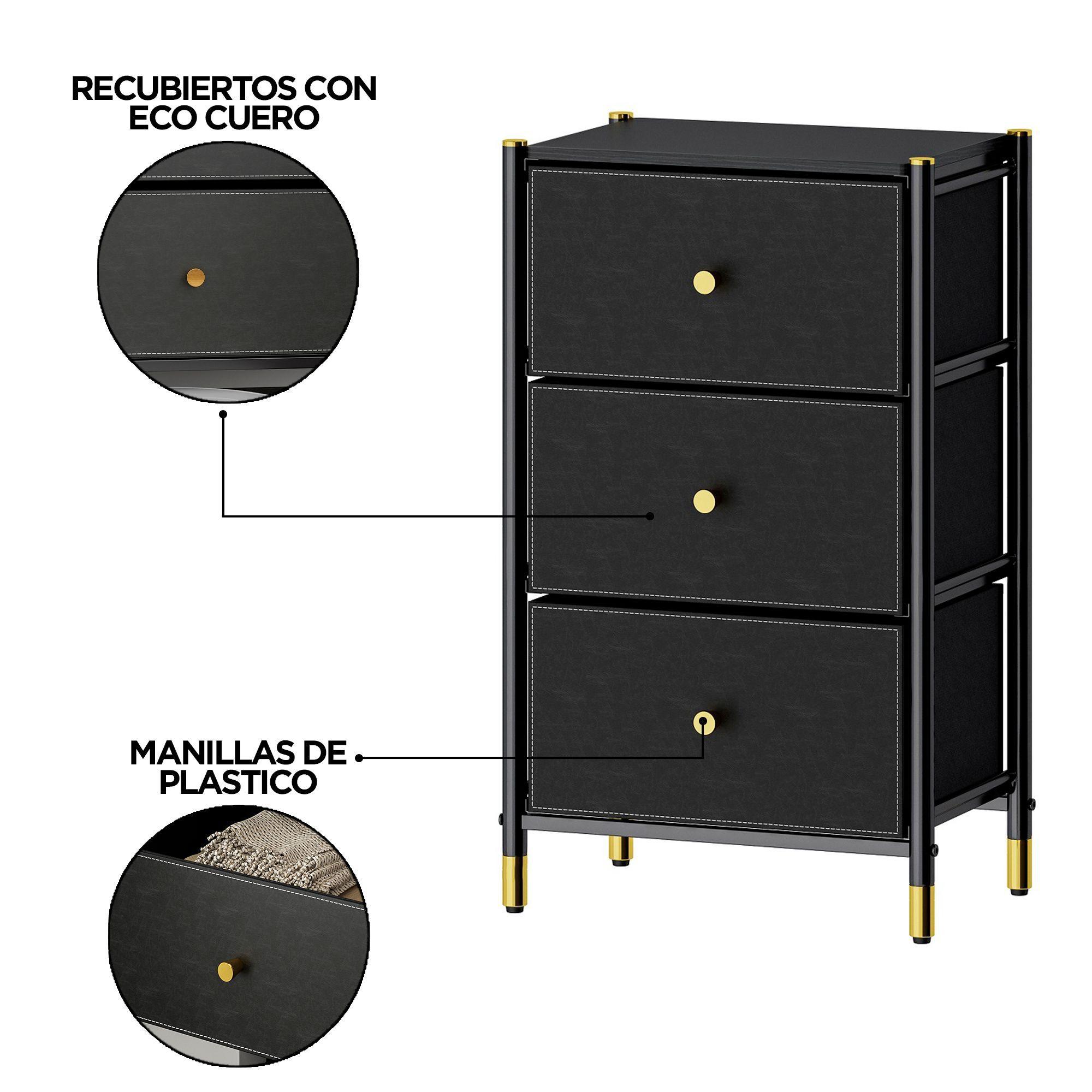 Velador Cajonera 3 Cajones Metal Madera Eco Cuero-2