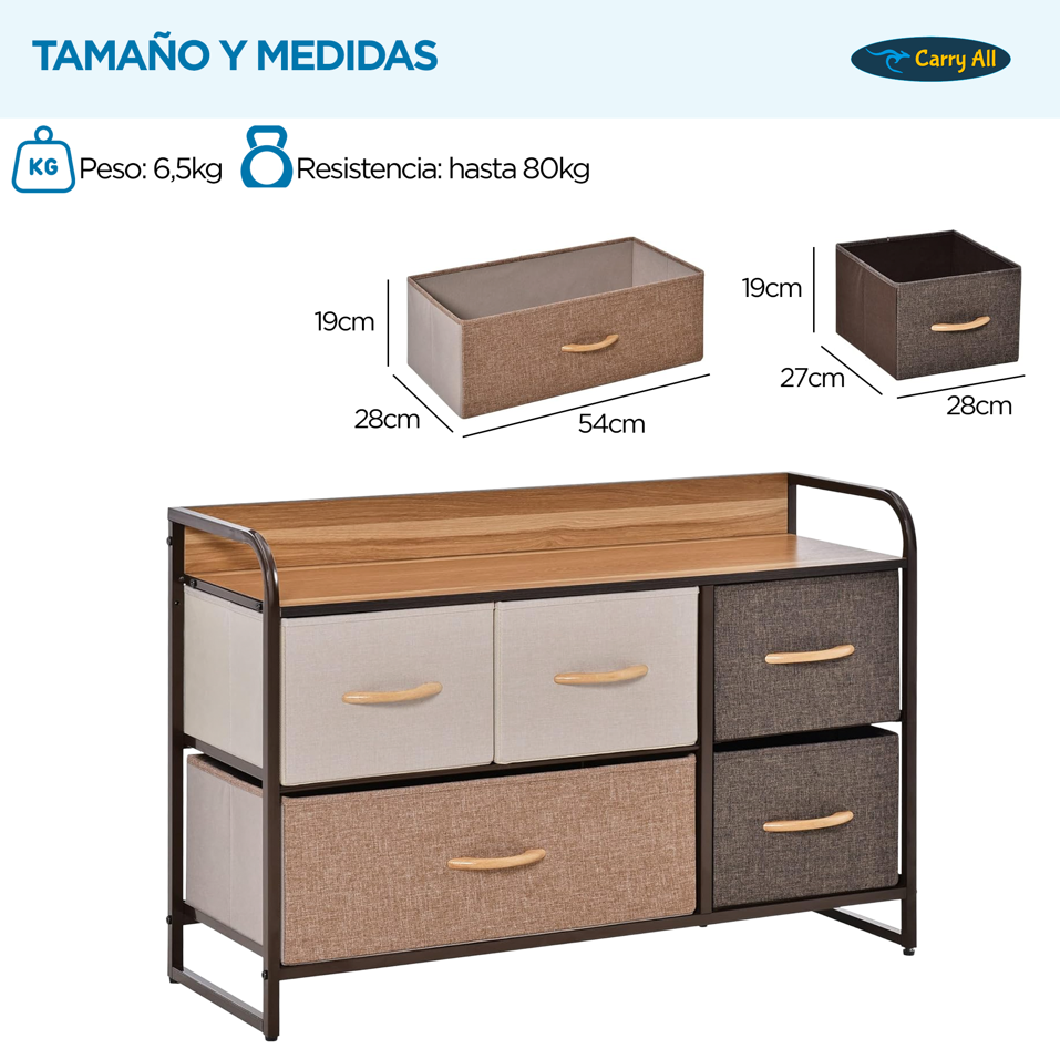 Cajonera Comoda 5 Cajones Carry All Rack Metal Madera Tela Premium-2