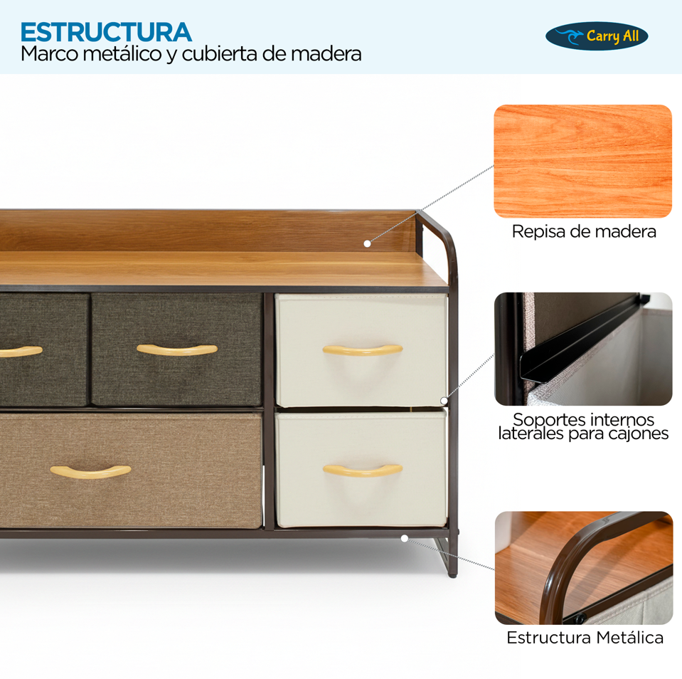 Cajonera Comoda 5 Cajones Carry All Rack Metal Madera Tela Premium-3