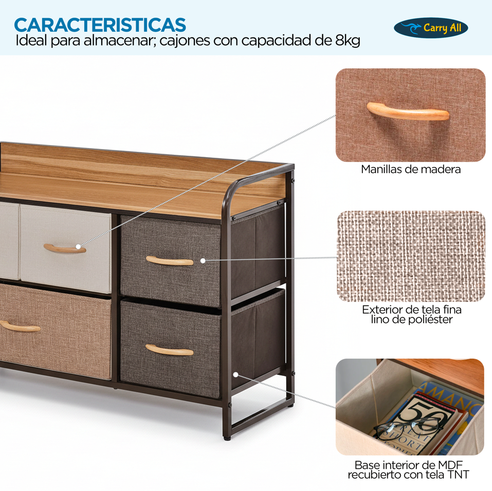 Cajonera Comoda 5 Cajones Carry All Rack Metal Madera Tela Premium-4