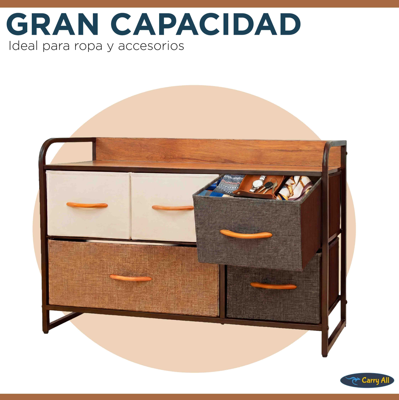 Cajonera Comoda 5 Cajones Carry All Rack Metal Madera Tela Premium-2