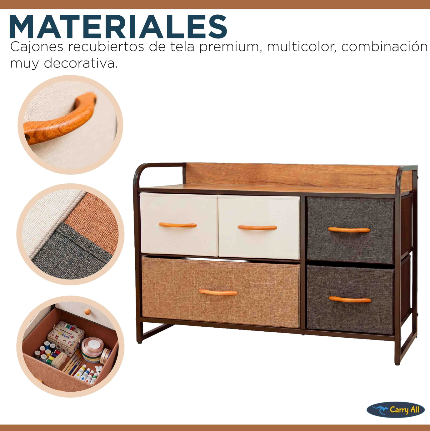 Cajonera Comoda 5 Cajones Carry All Rack Metal Madera Tela Premium-3