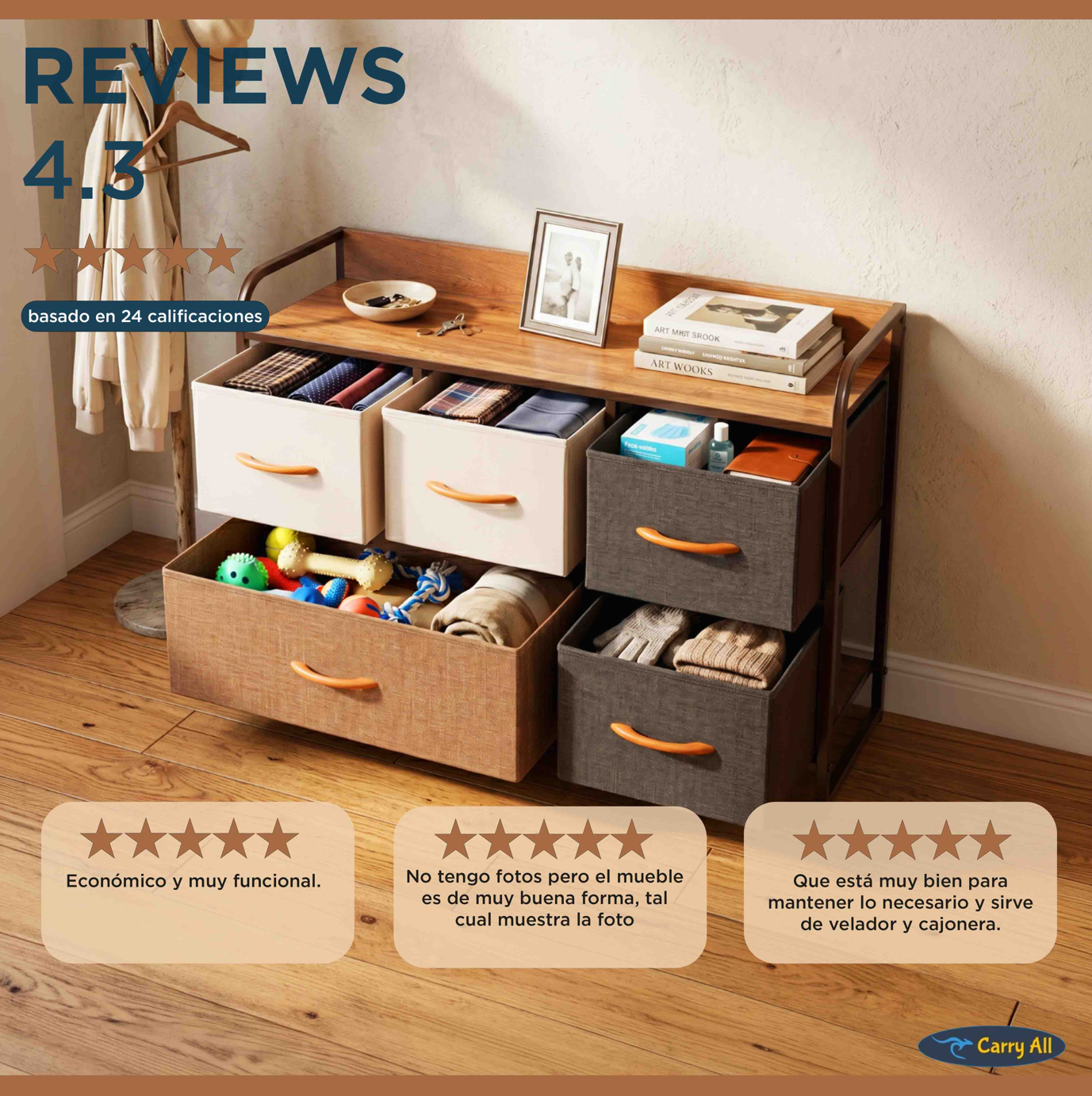 Cajonera Comoda 5 Cajones Carry All Rack Metal Madera Tela Premium-5