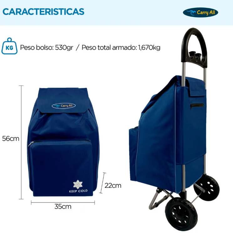 Carrito Plegable Carry All Glasgow Azul 47l Ruedas Goma Bolsa Cooler-2