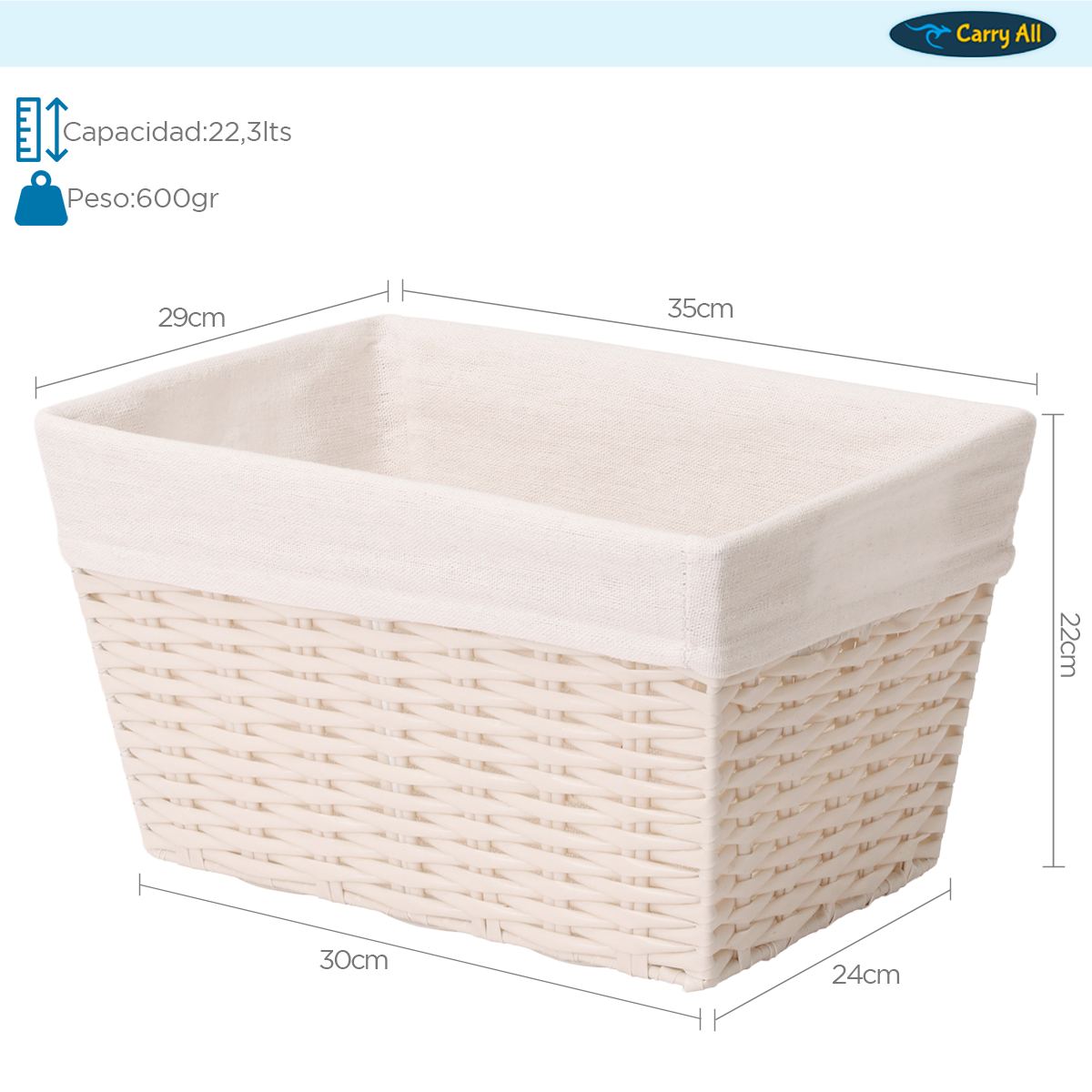 Canasto Cesta Organizadora Carry All  Estilo Ratán Crema M-4