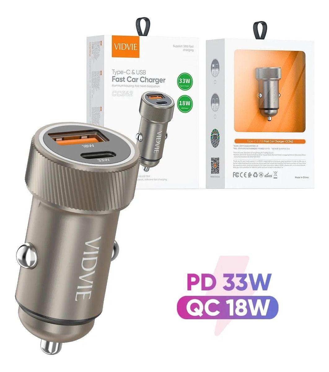 Cargador Auto Adaptador Carga Rápida 33w Tipoc 18w Usb 12-24 Gris cc542-1
