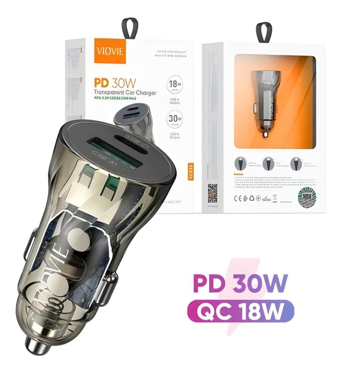 Adaptador Auto Cargador Carga Rápida 30w Tipoc 18w Usb 12-24 Gris cc531-2
