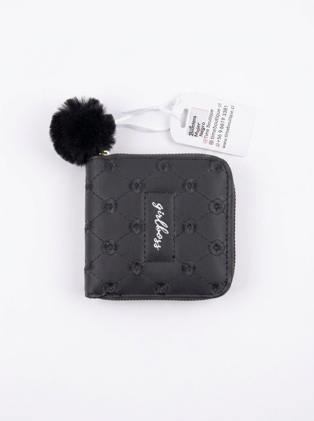 Billetera Juvenil Negra Acolchada con Pomp n Mini Cartera Mujer-0