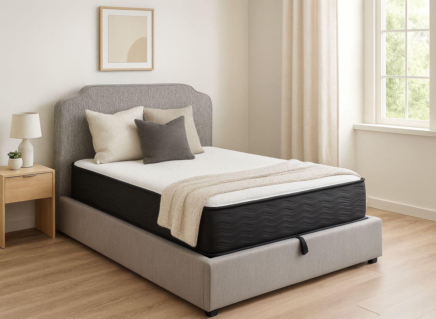 Cama 2 plazas almacenamiento resplado y colchon -0