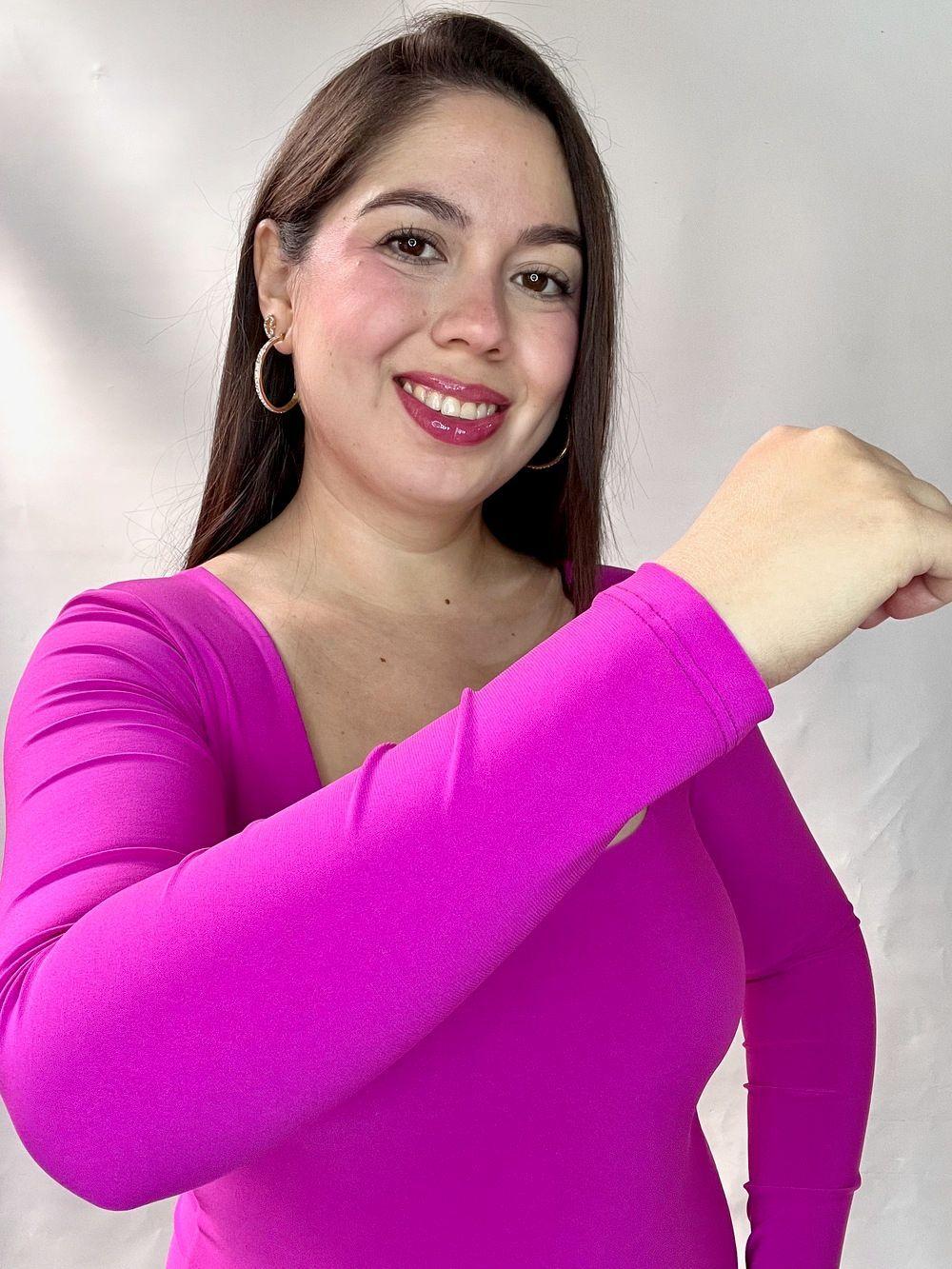 Body Mujer Doble Escote Cuadrado Manga Larga Fucsia Oscuro-2