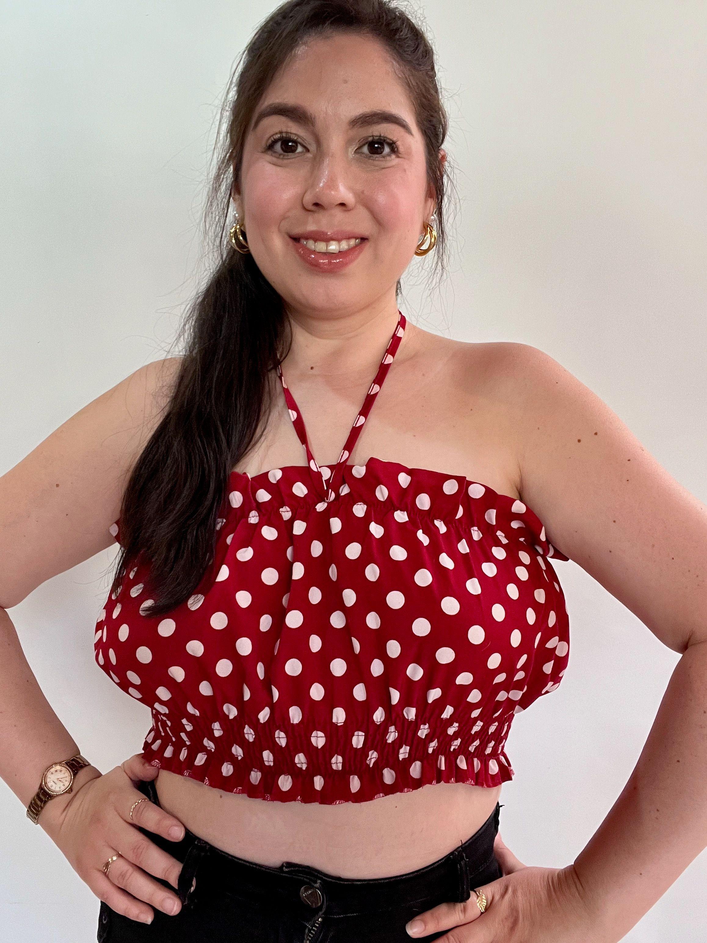 Top Mujer Rojo Lunares Strapless con Amarra al Cuello-2