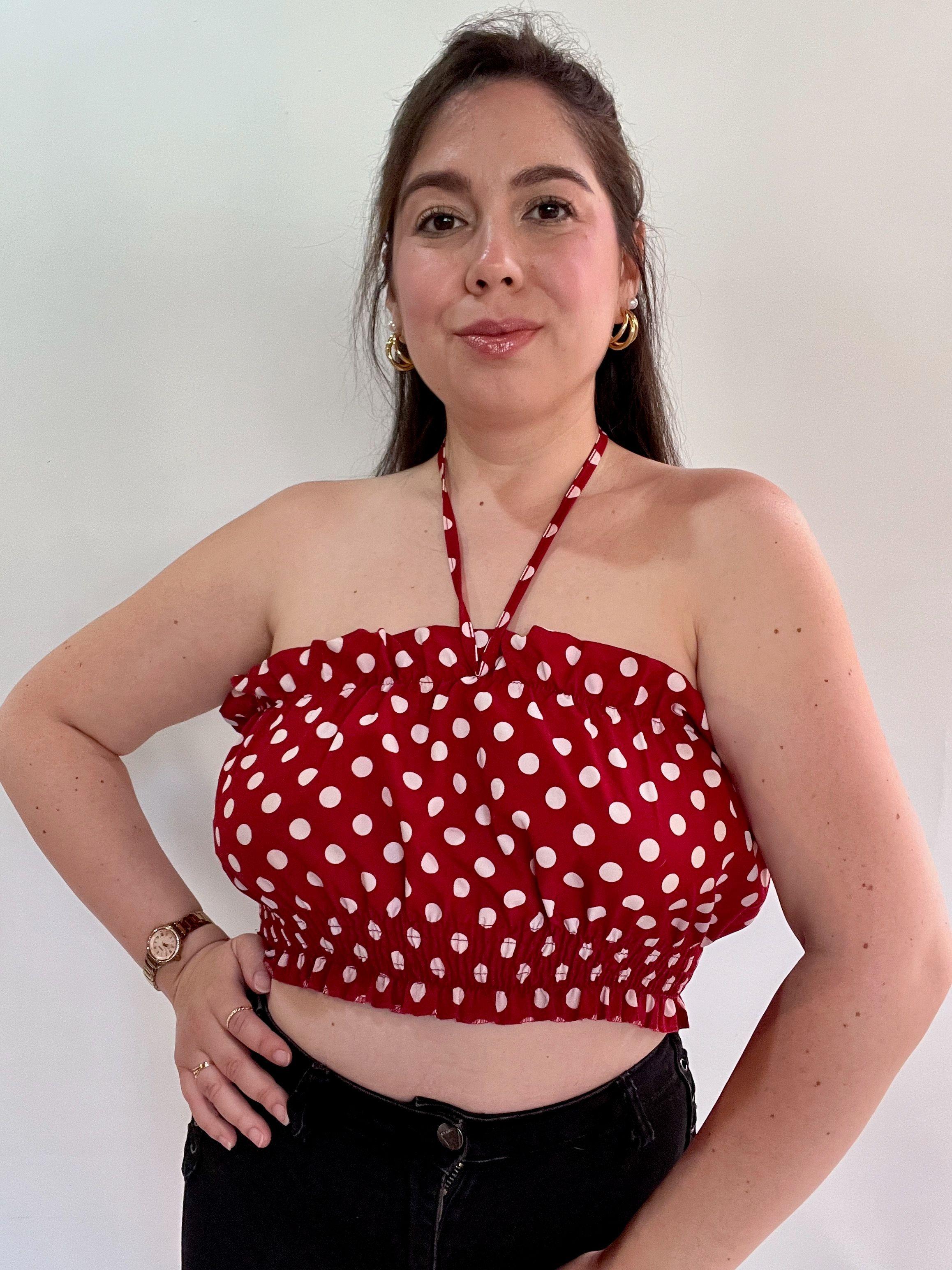 Top Mujer Rojo Lunares Strapless con Amarra al Cuello-3