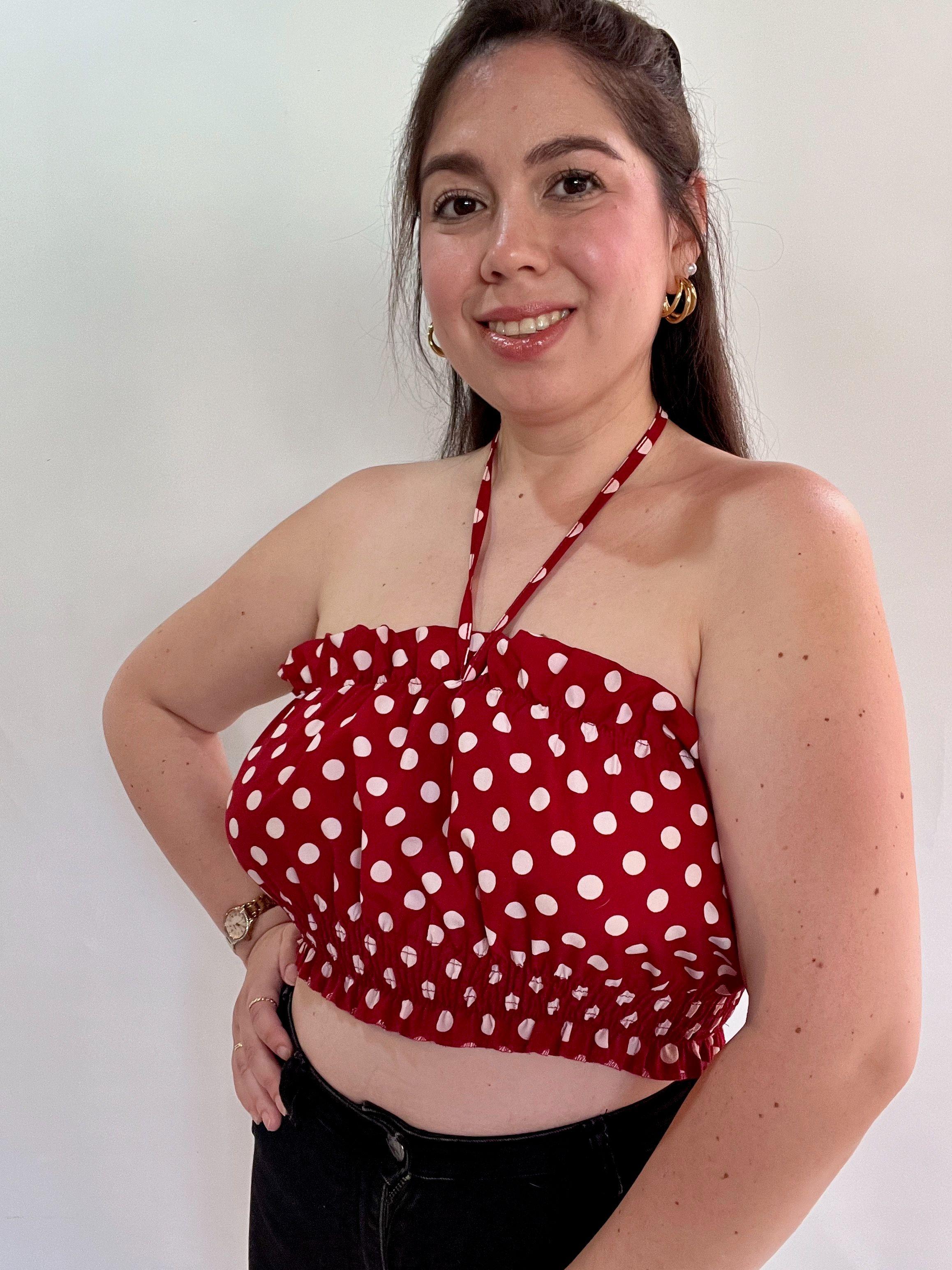 Top Mujer Rojo Lunares Strapless con Amarra al Cuello-5