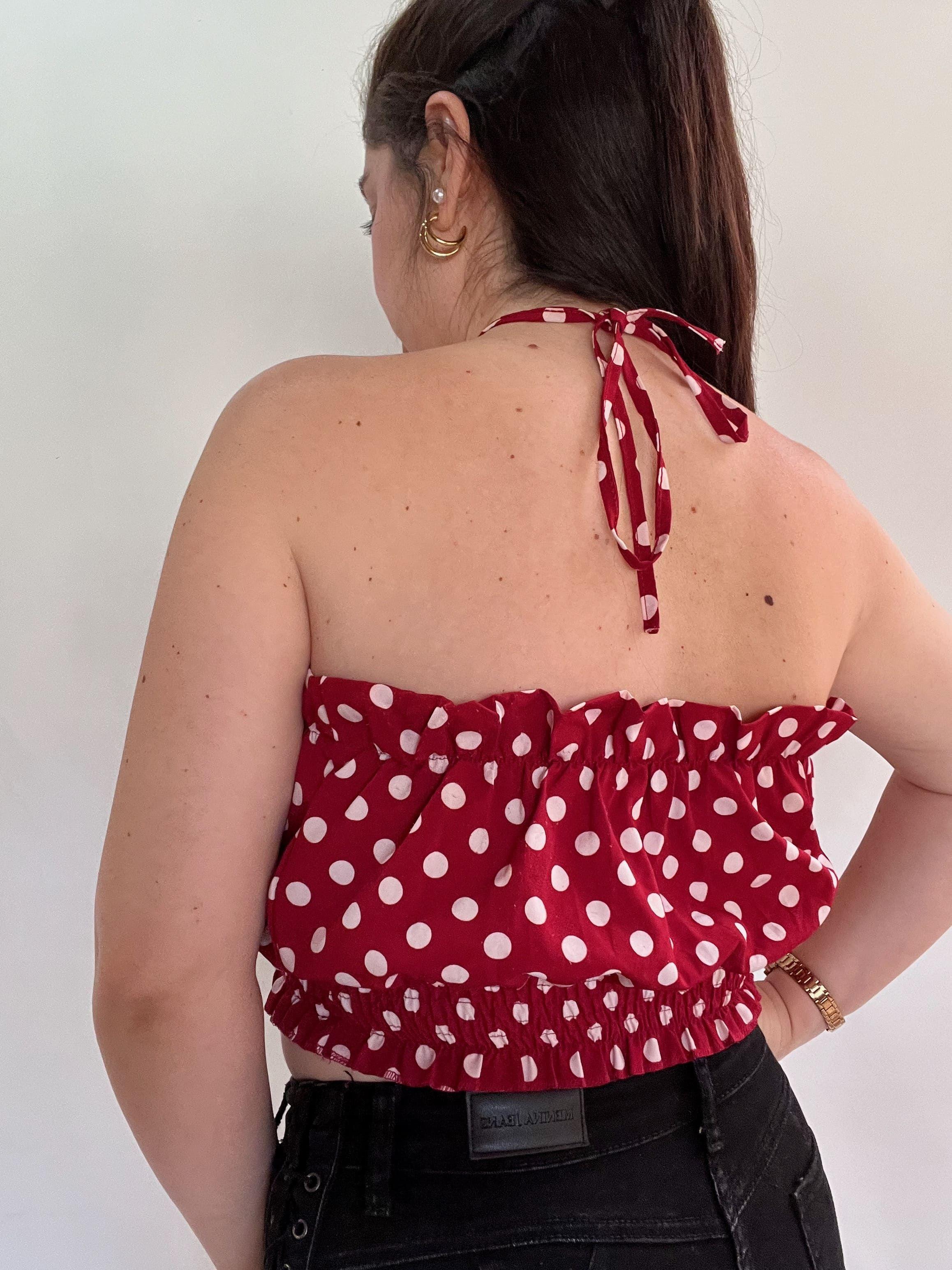 Top Mujer Rojo Lunares Strapless con Amarra al Cuello-7