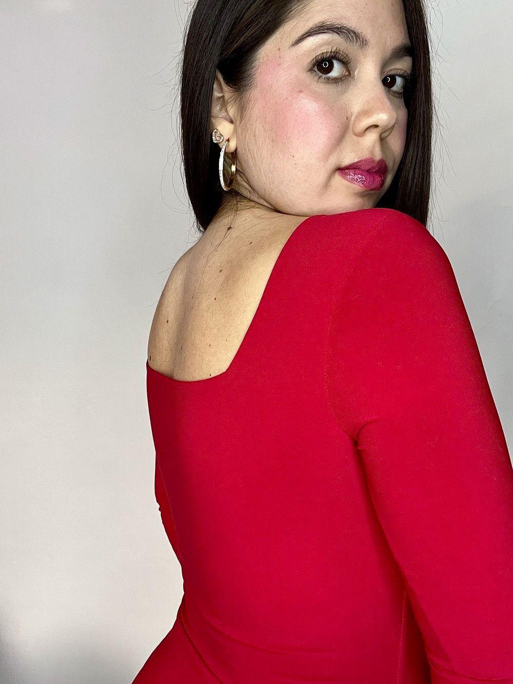 Body Mujer Doble Escote Cuadrado Manga Larga Rojo-5