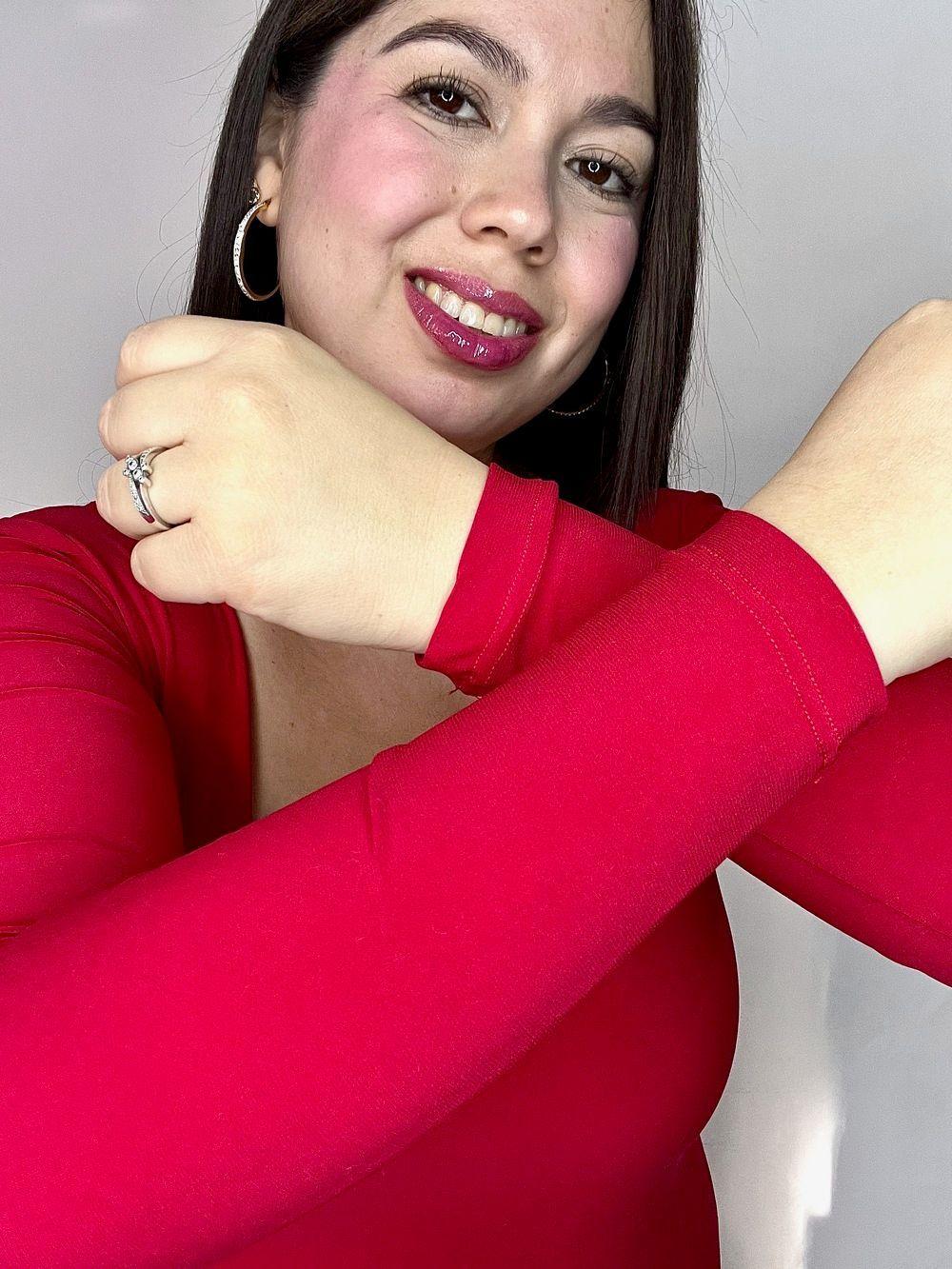 Body Mujer Doble Escote Cuadrado Manga Larga Rojo-6