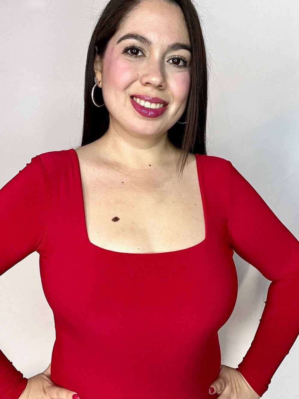 Body Mujer Doble Escote Cuadrado Manga Larga Rojo-7