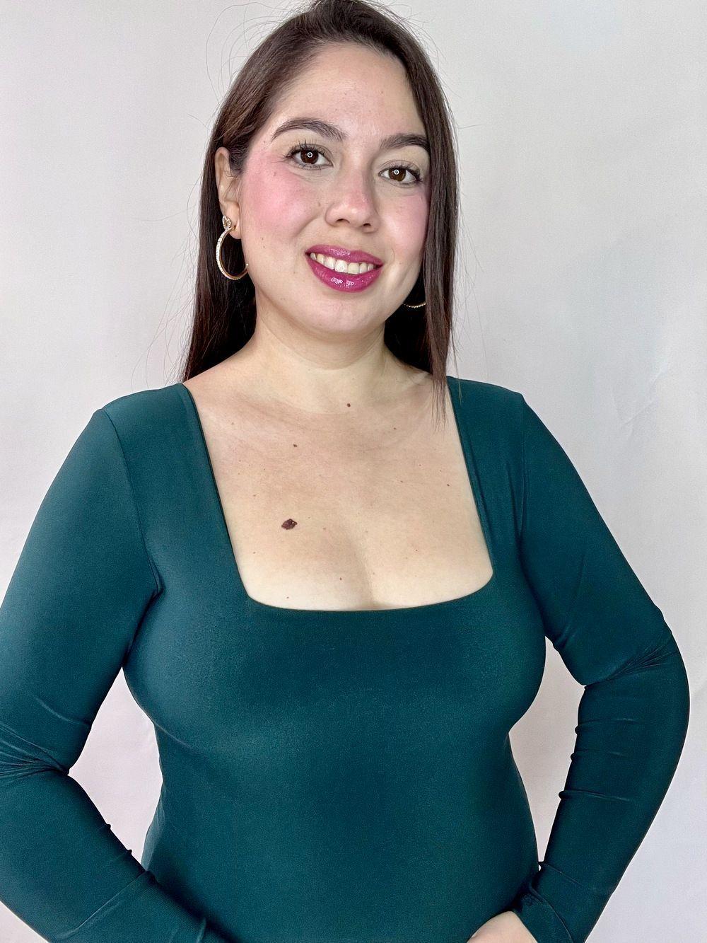 Body Mujer Doble Escote Cuadrado Manga Larga Verde Petróleo-0