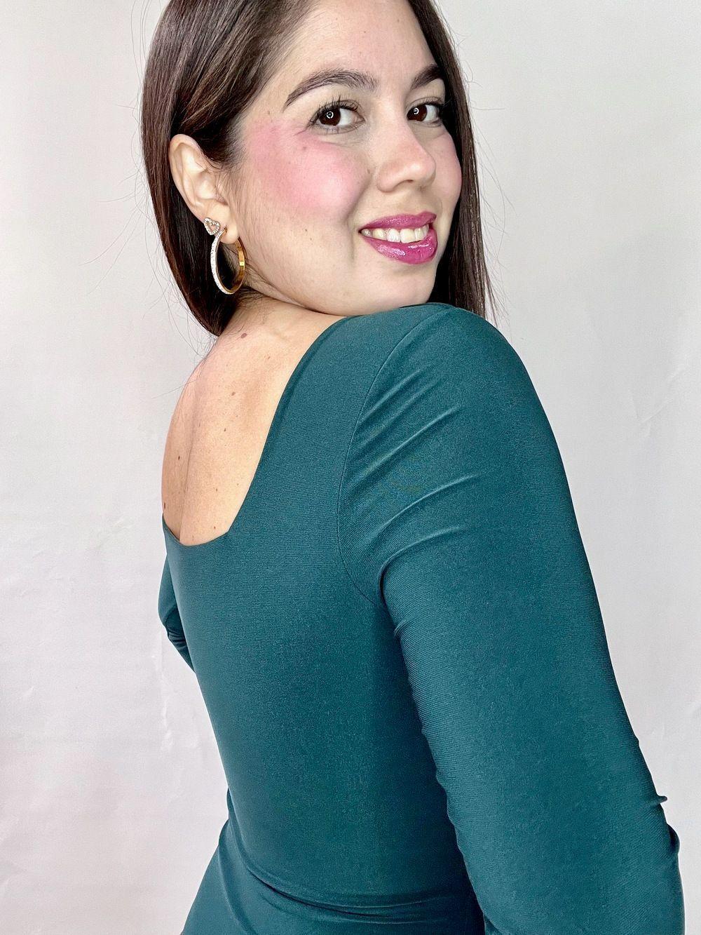 Body Mujer Doble Escote Cuadrado Manga Larga Verde Petróleo-1