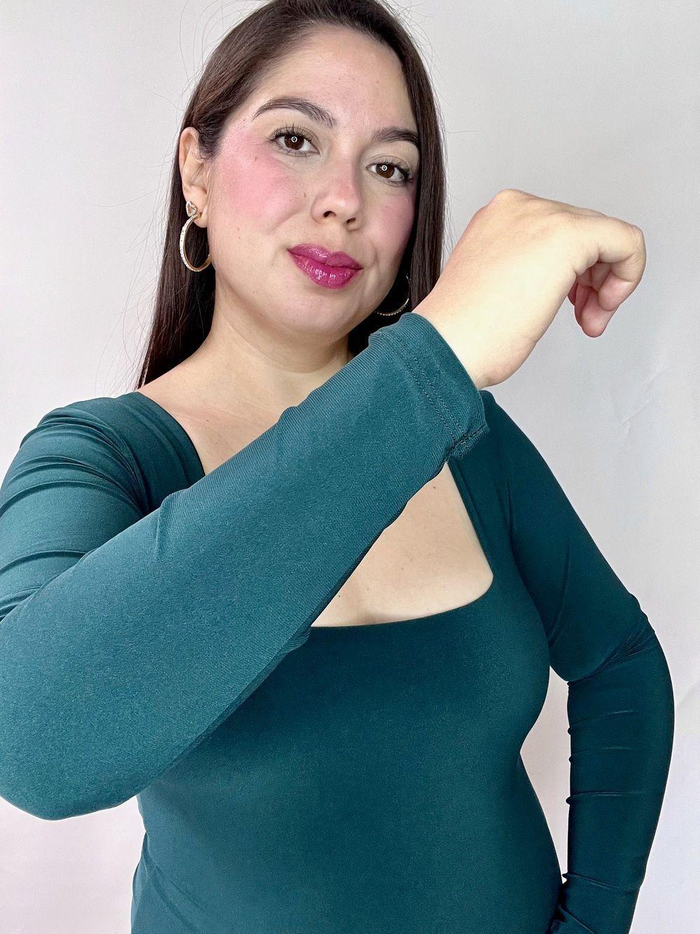 Body Mujer Doble Escote Cuadrado Manga Larga Verde Petróleo-2