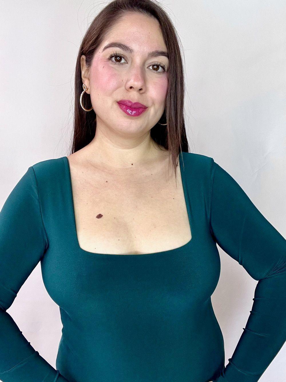 Body Mujer Doble Escote Cuadrado Manga Larga Verde Petróleo-3