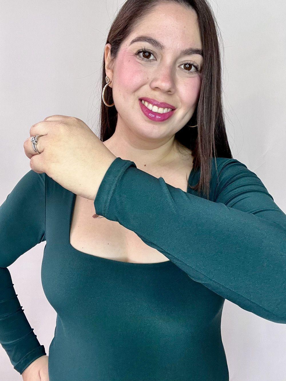 Body Mujer Doble Escote Cuadrado Manga Larga Verde Petróleo-5