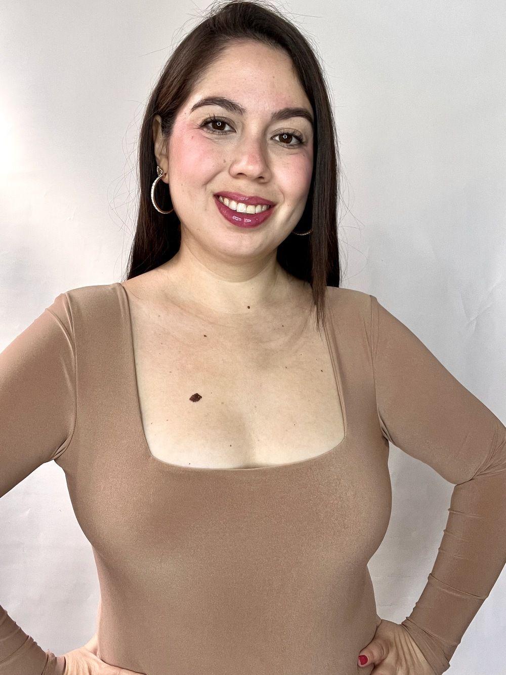 Body Mujer Doble Escote Cuadrado Manga Larga Beige-0