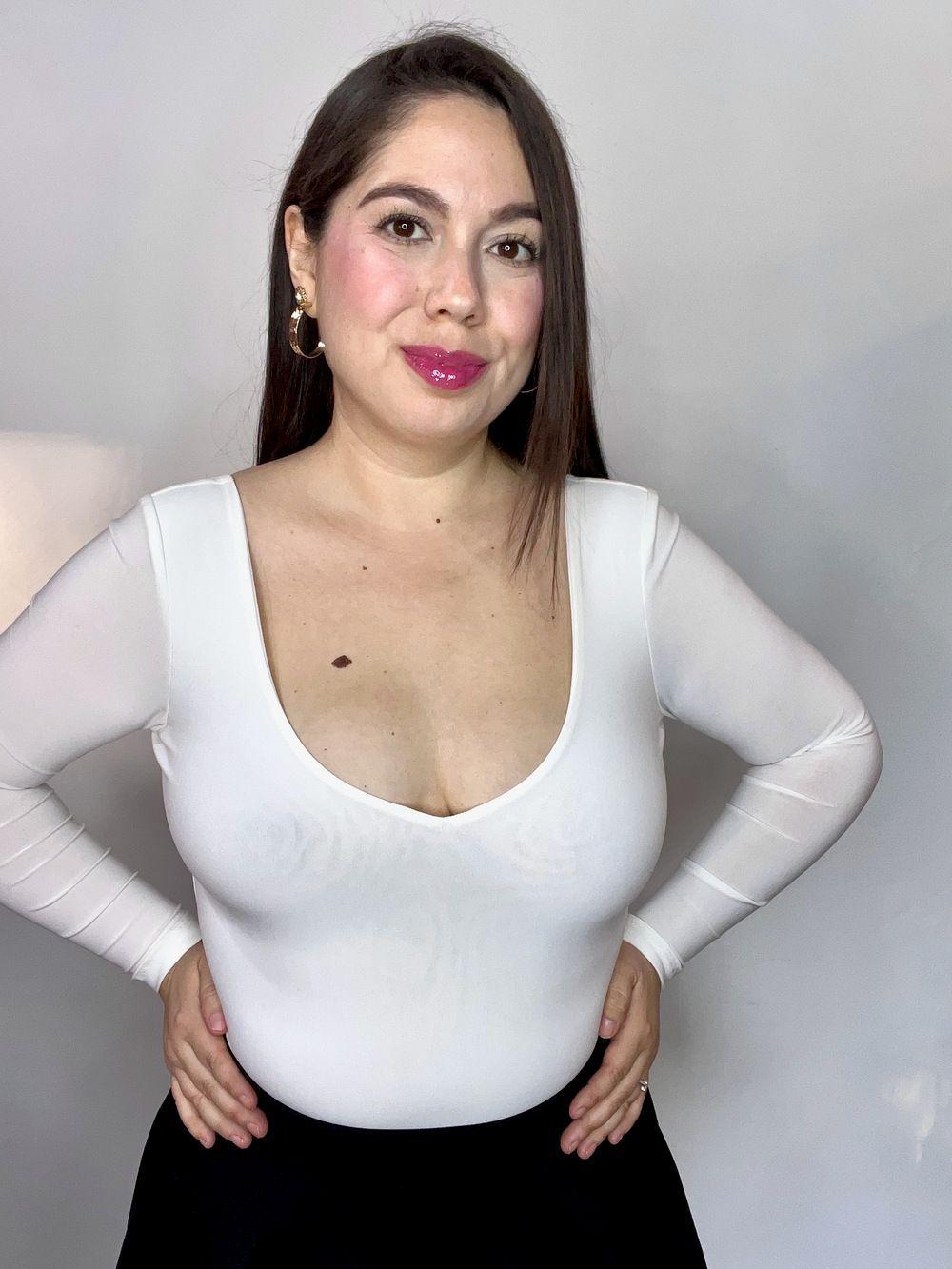 Body Mujer Doble Escote V Manga Larga Blanco-5