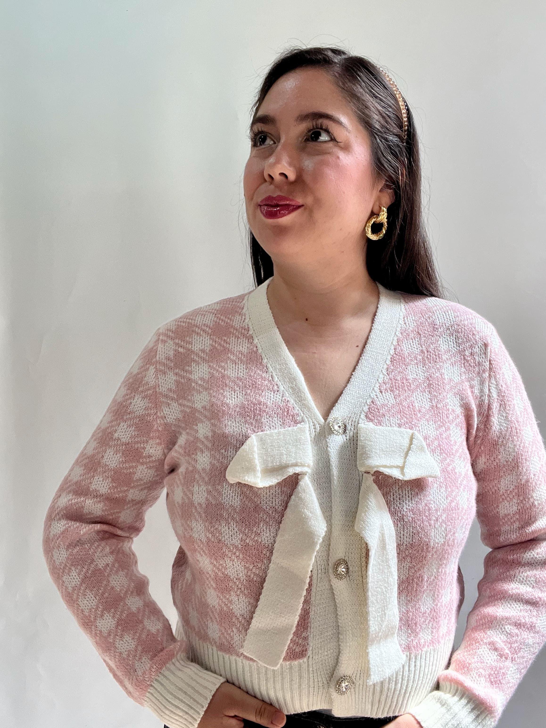 Chaleco Mujer Rosado con Diseno y Lazo Frontal Tejido-3