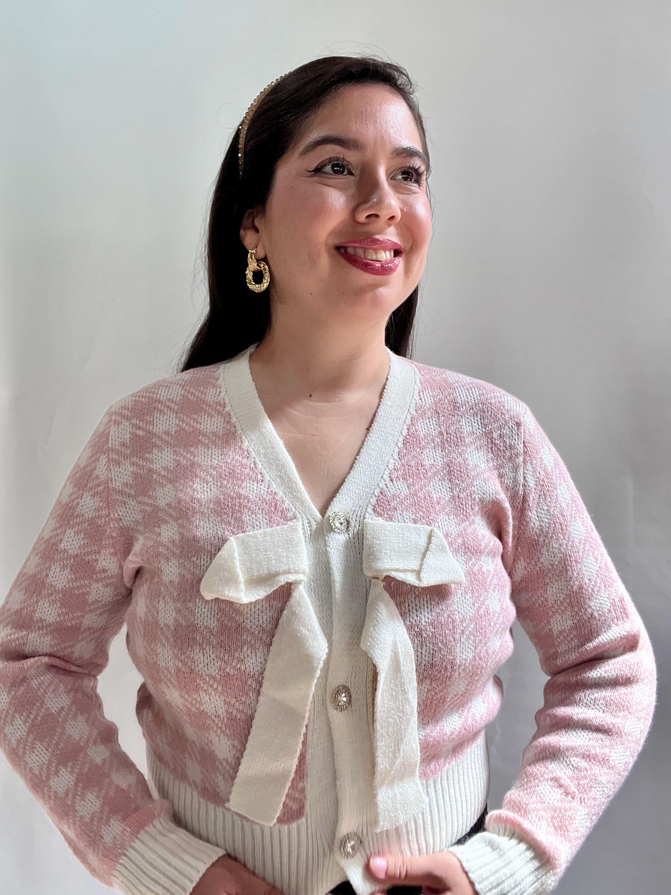 Chaleco Mujer Rosado con Diseno y Lazo Frontal Tejido-5