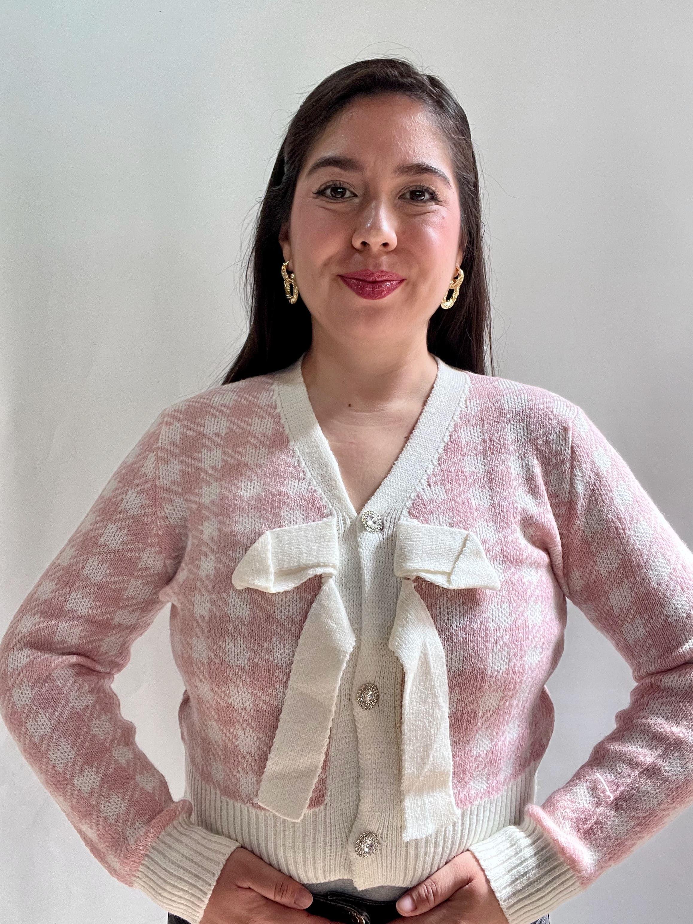 Chaleco Mujer Rosado con Diseno y Lazo Frontal Tejido-8