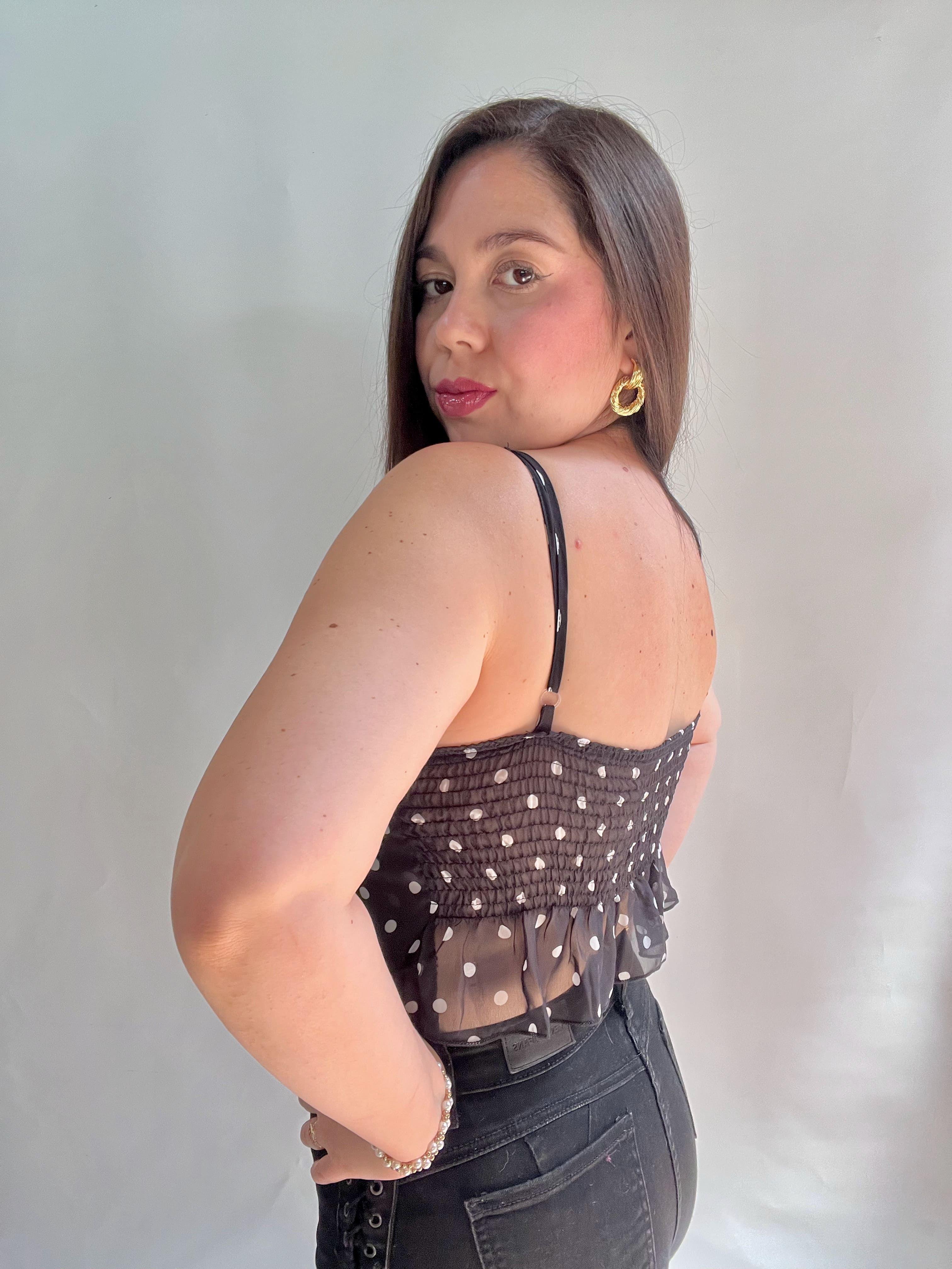 Blusa de Lunares Negra Mujer con Amarra y Vuelos-3