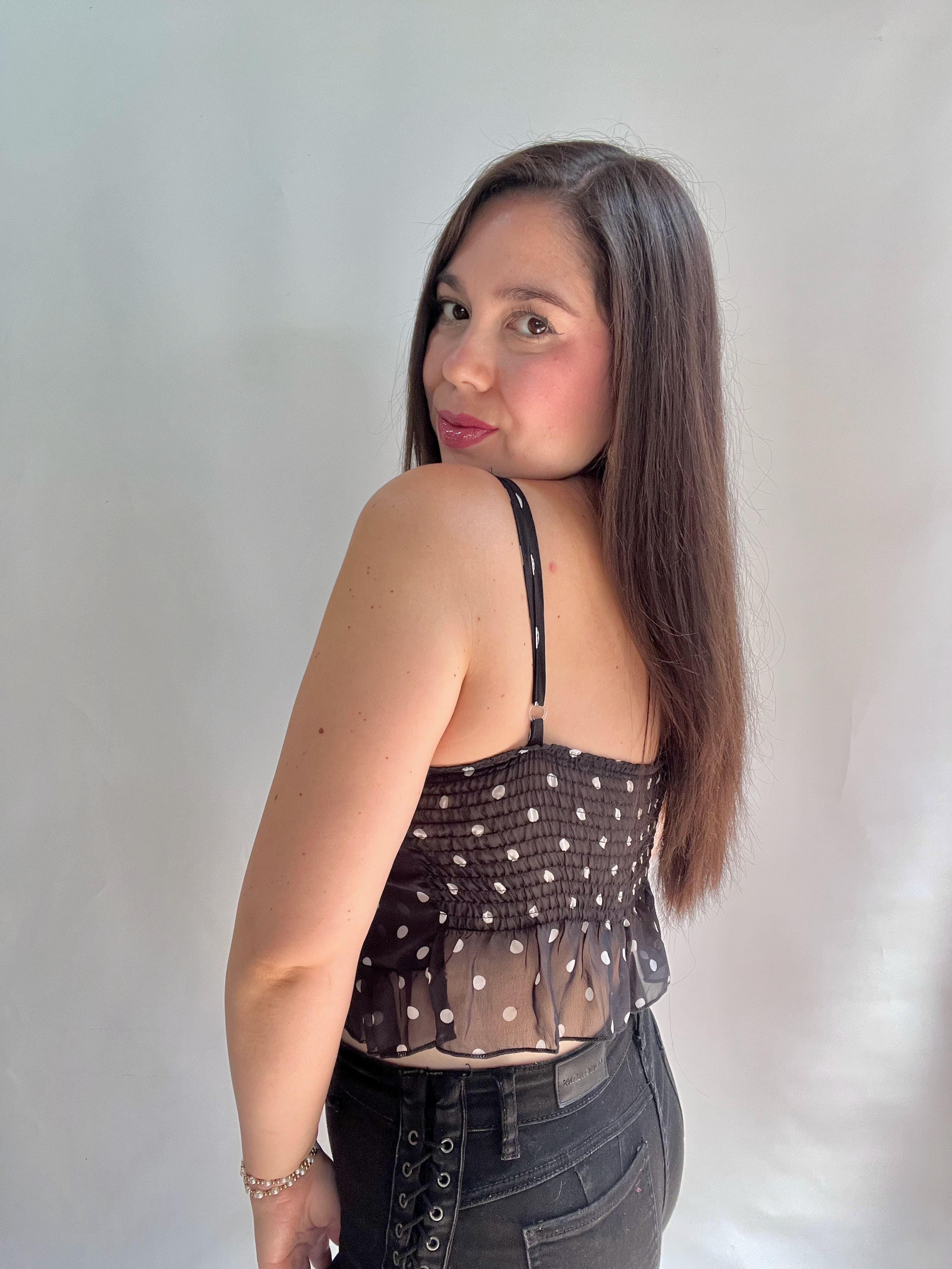 Blusa de Lunares Negra Mujer con Amarra y Vuelos-8