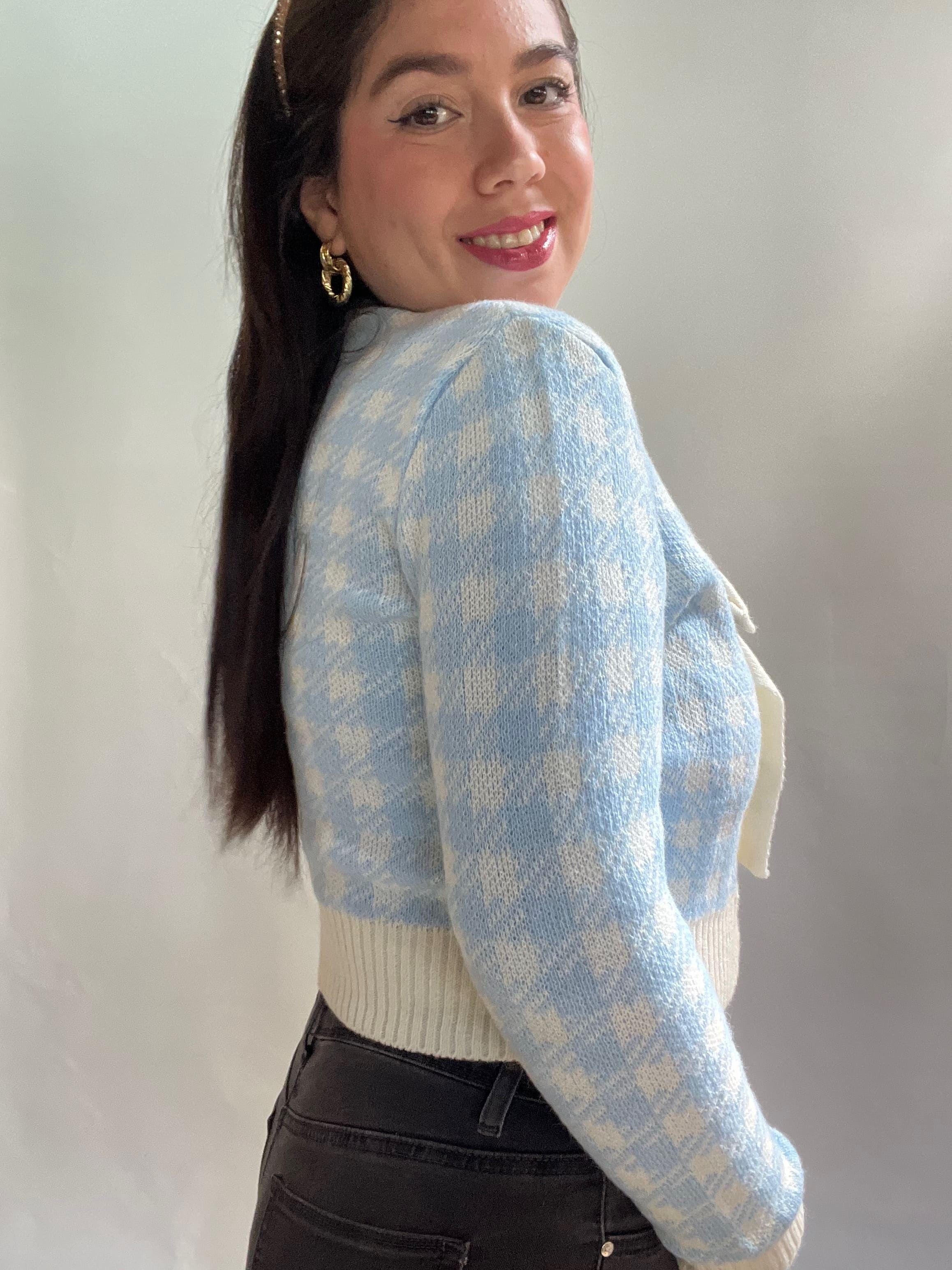 Chaleco Mujer Celeste con Diseno y Lazo Frontal Tejido-2