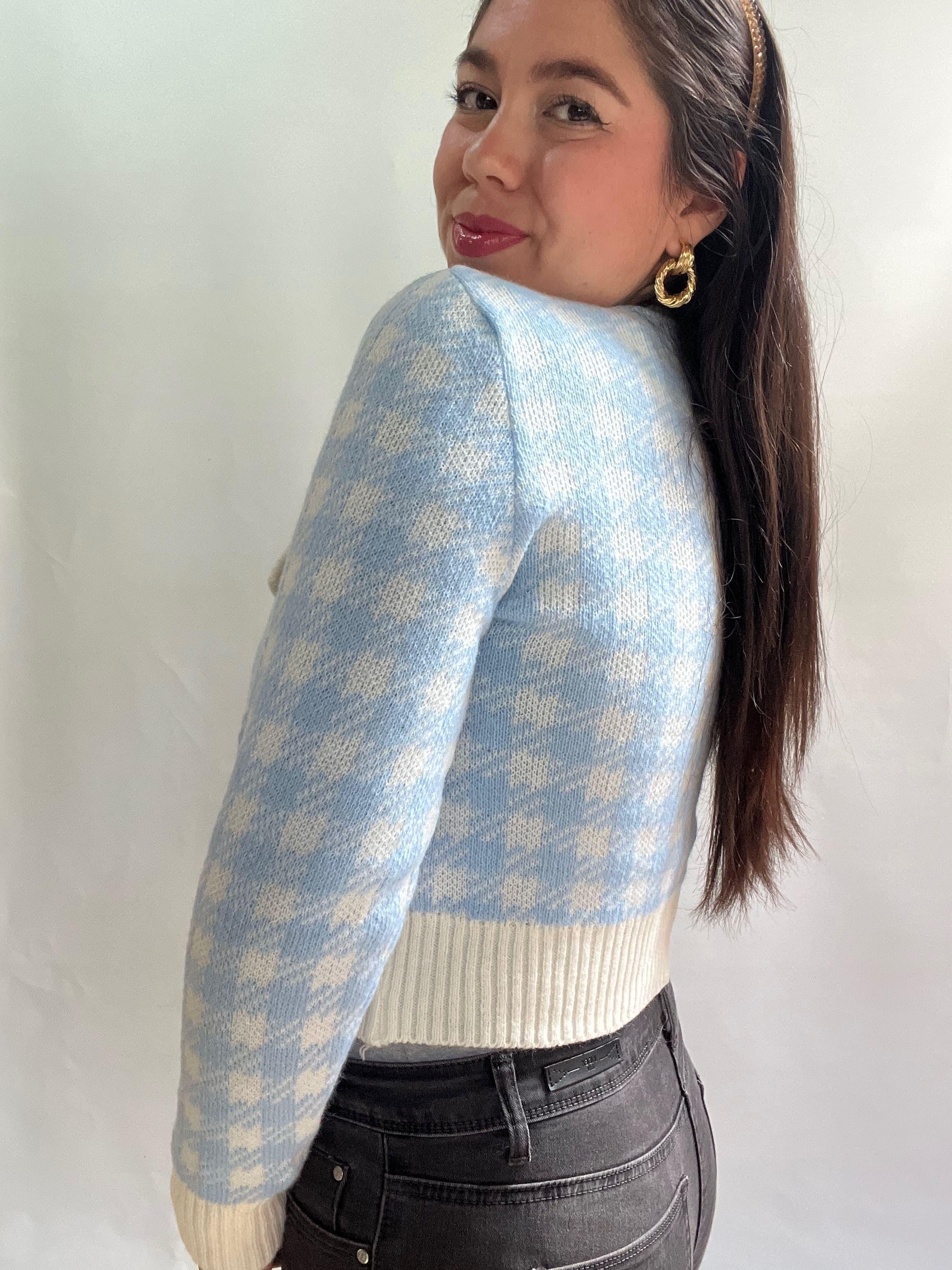 Chaleco Mujer Celeste con Diseno y Lazo Frontal Tejido-5