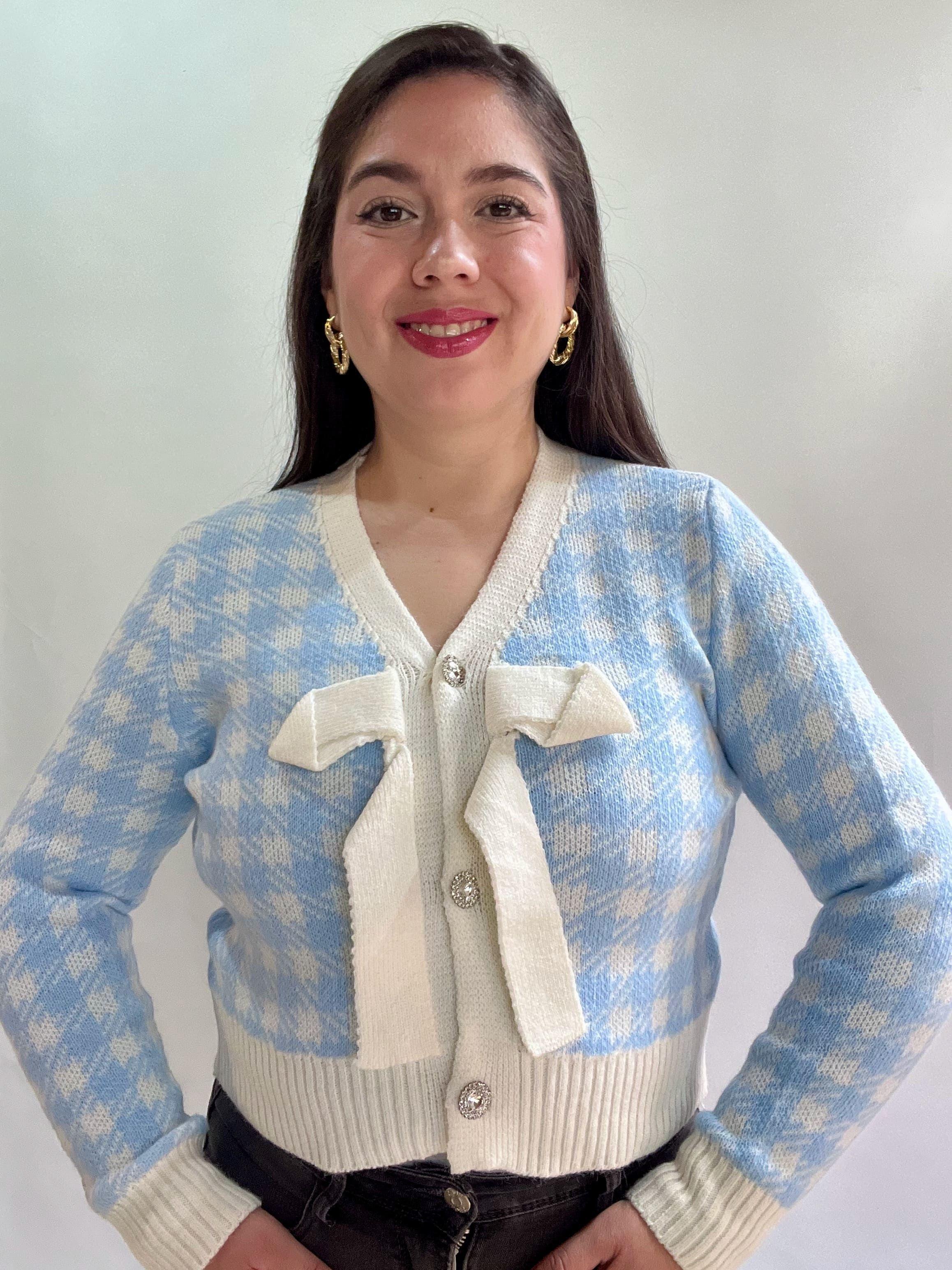 Chaleco Mujer Celeste con Diseno y Lazo Frontal Tejido-6