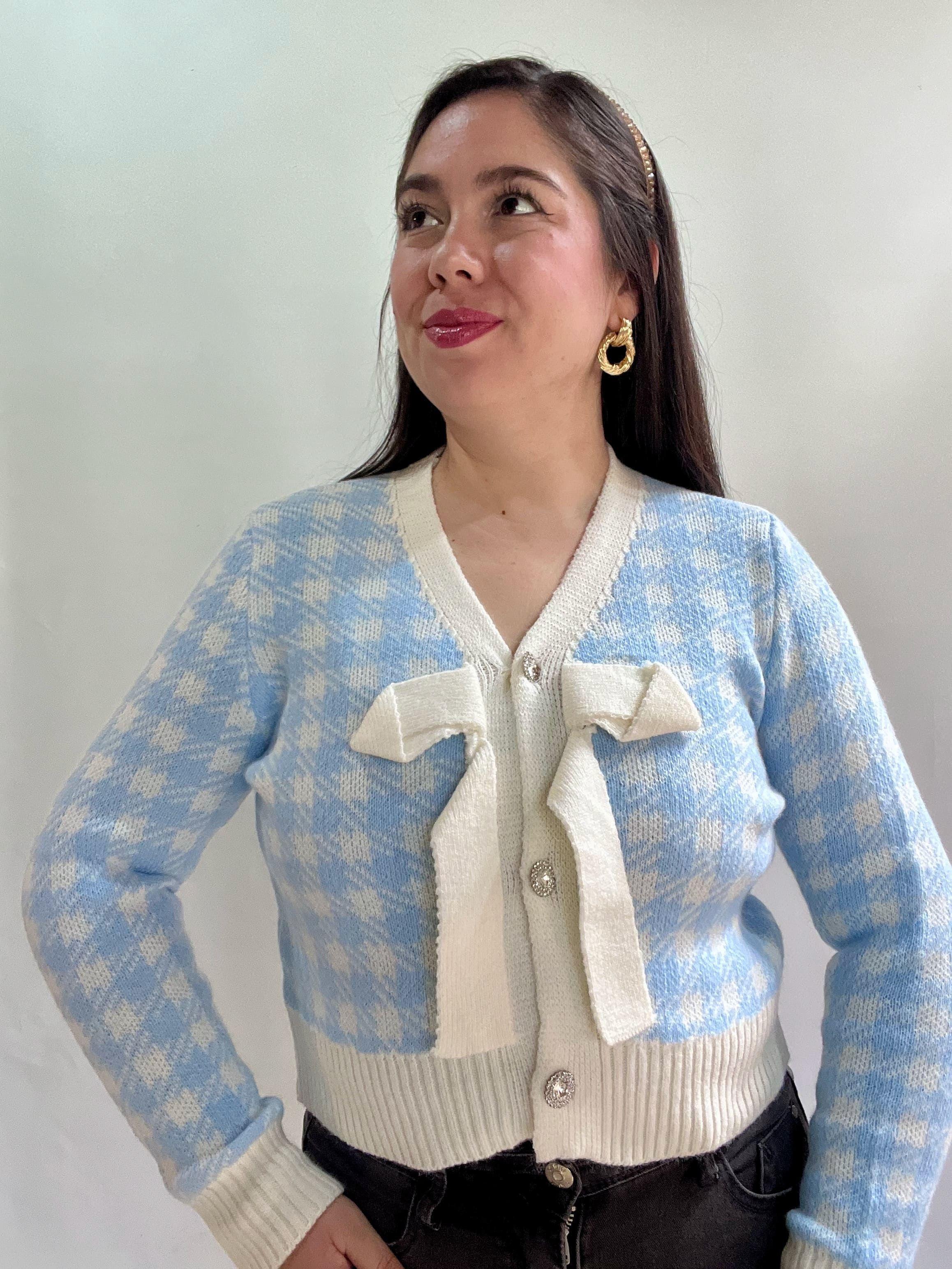 Chaleco Mujer Celeste con Diseno y Lazo Frontal Tejido-7