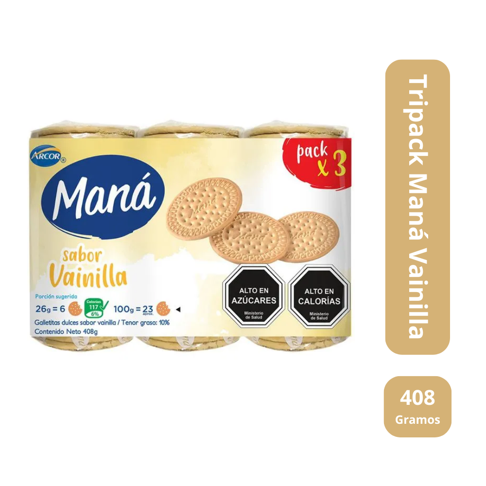 Arcor Tripack galleta Mana Vainilla 408 gramos-1