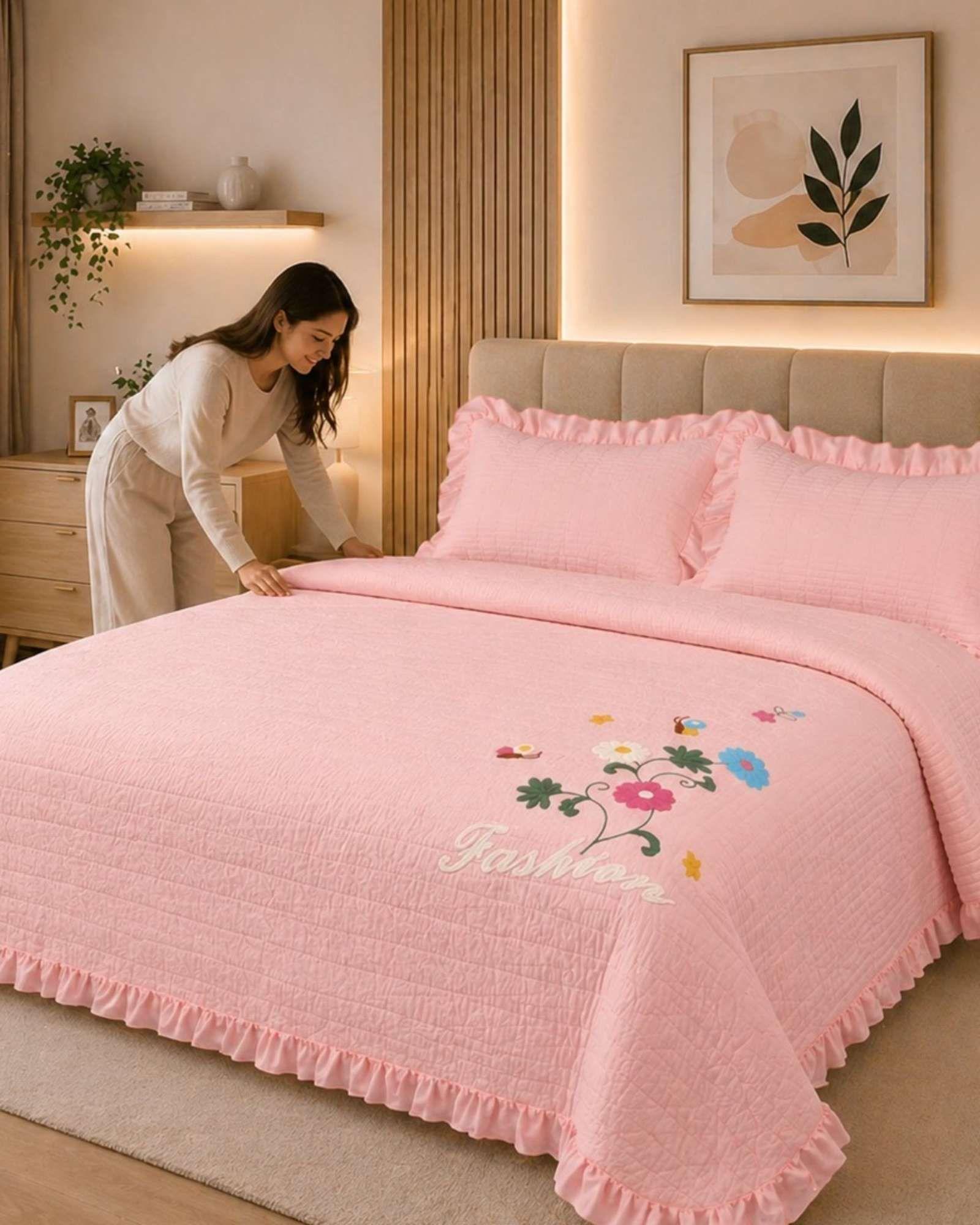 Quilt Cubrecama  Verano Estampado Floral con Bobos 2 Plazas04-0