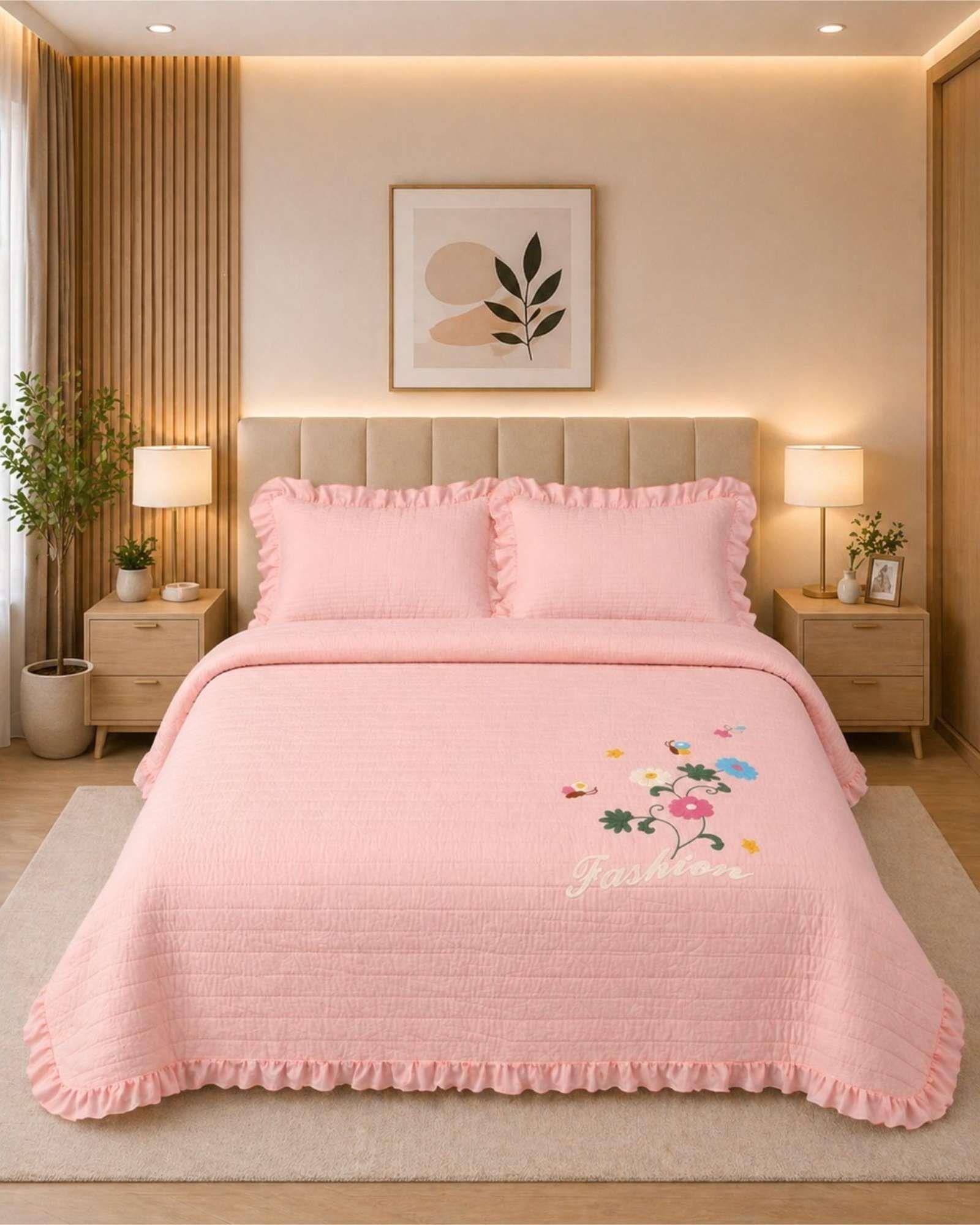 Quilt Cubrecama  Verano Estampado Floral con Bobos 2 Plazas04-4