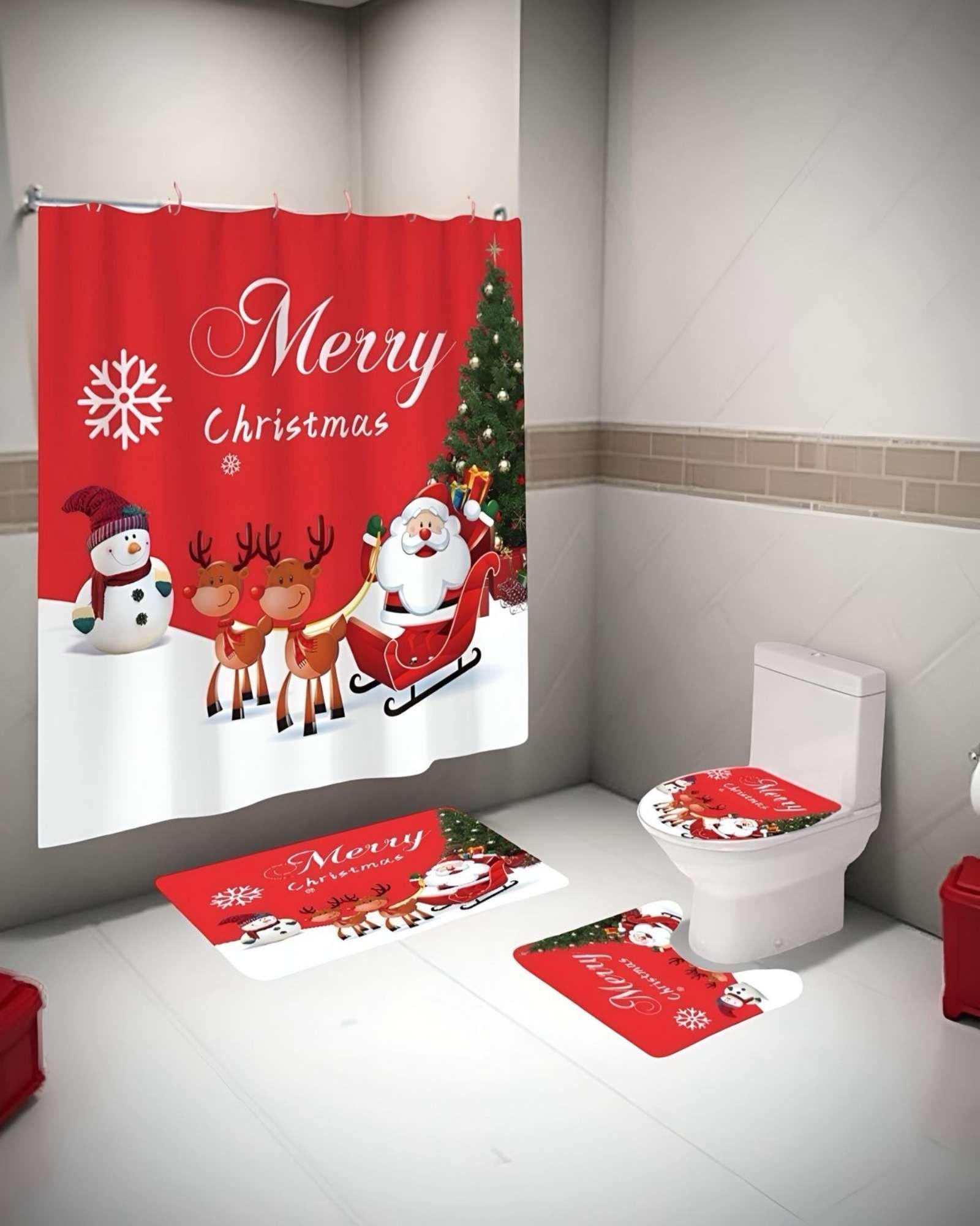 SET 4 PIEZAS CORTINA DE BAÑO Y ALFOMBRAS DISEÑO NAVIDEÑO TF07-2
